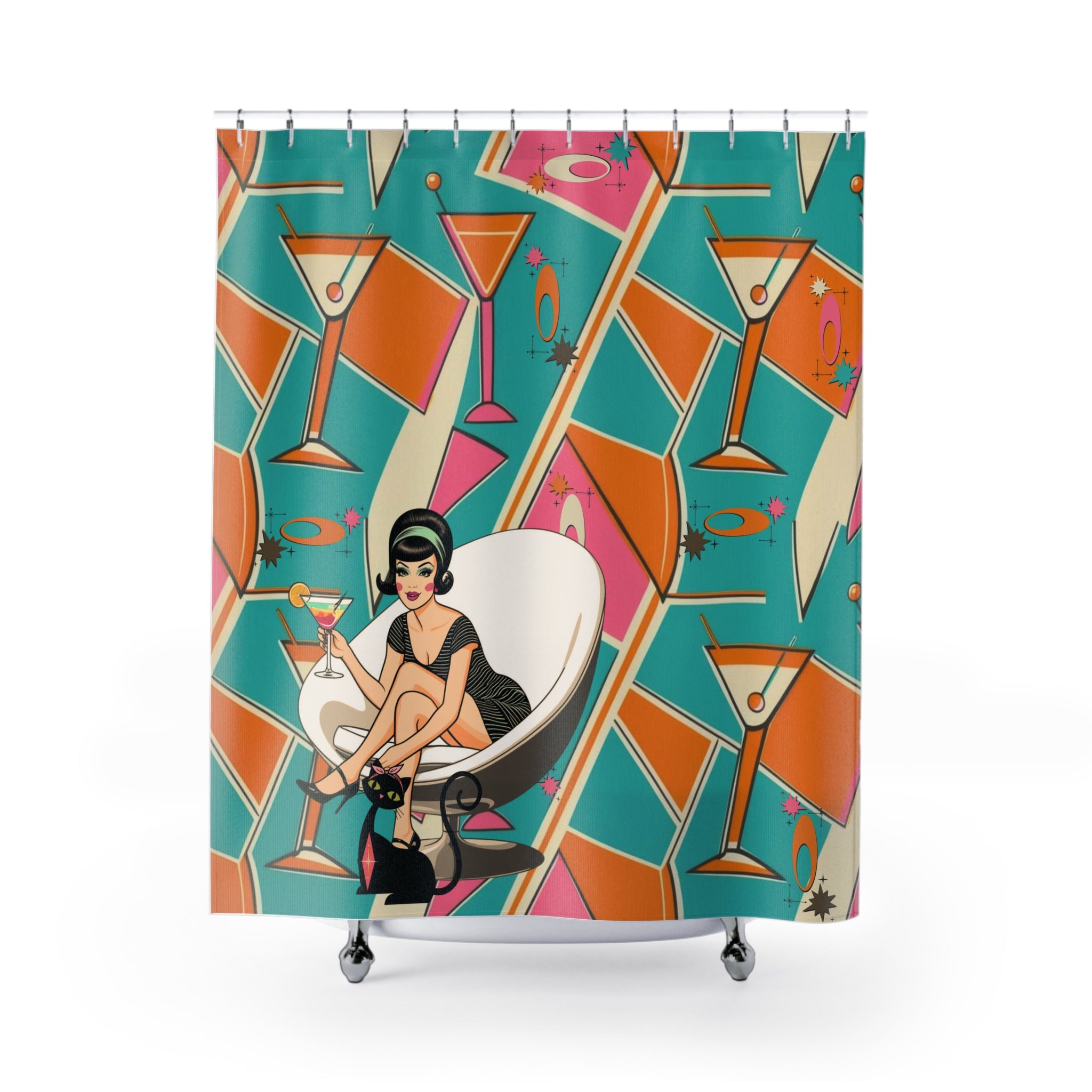 Mid Mod Gal Retro Martini Shower Curtain - Vintage Cocktail Vibes for Fun Bathrooms - Mid Century Modern Gal