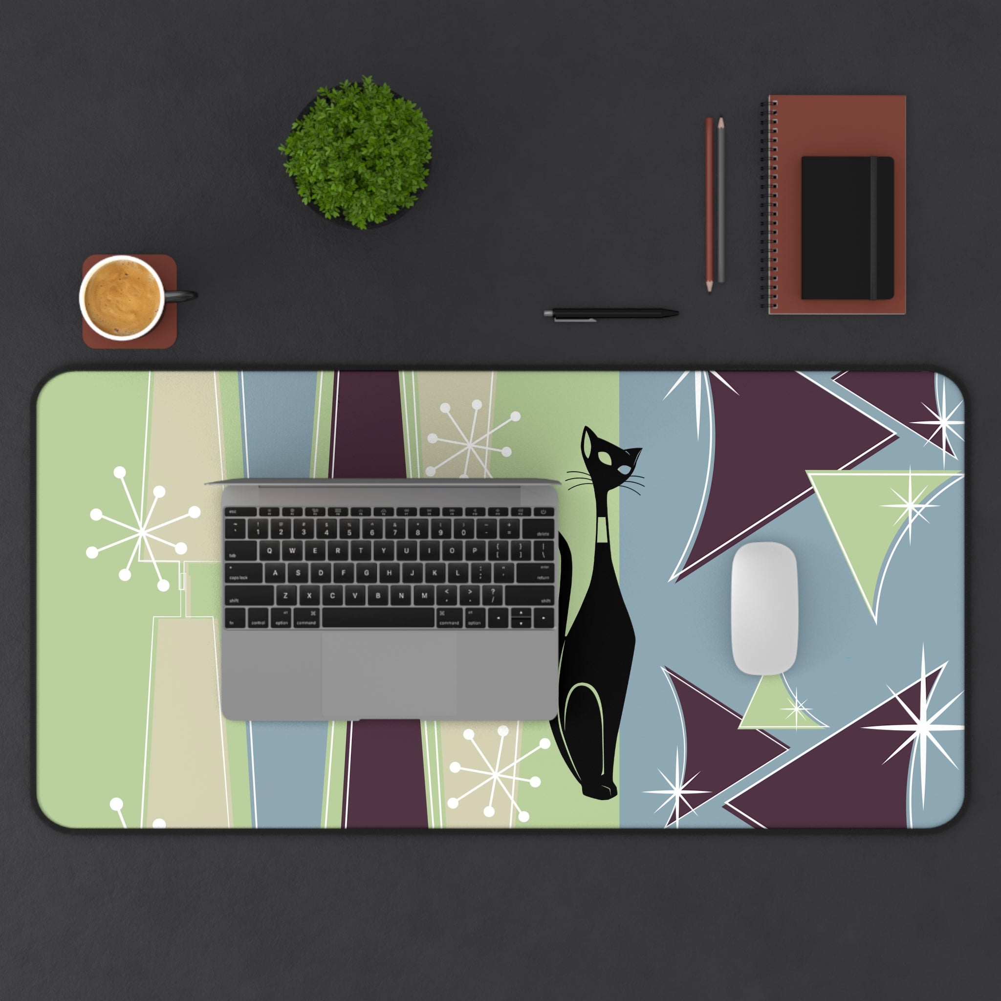 Mid Century Modern, Atomic Cat, Green, Blue, Purple, Starburst Retro MCM Desk Mat - Mid Century Modern Gal