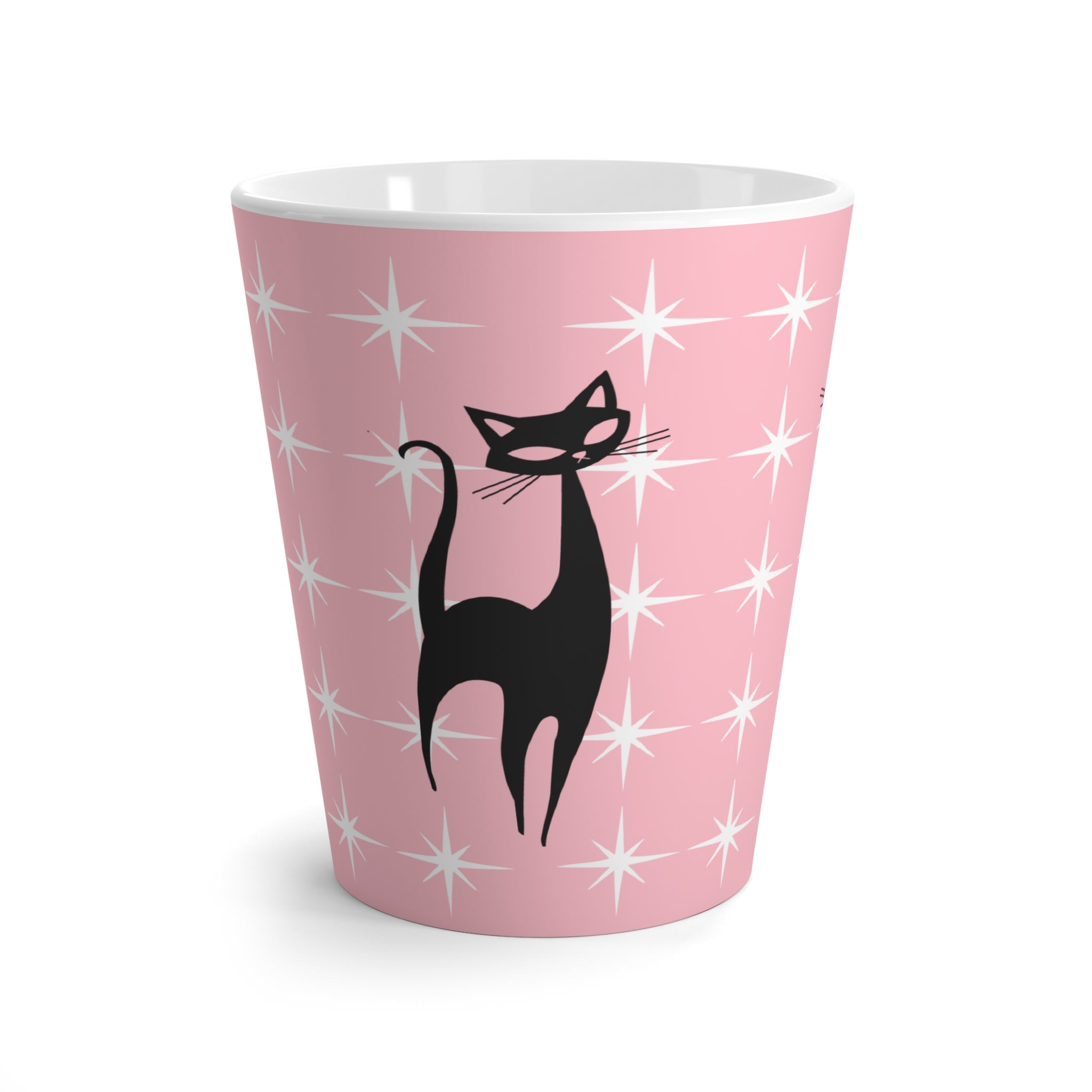 Pink Atomic Stabrust Kitschy Cat Chic Cat Latte Mug - Pink Starry Design for Cat Lovers - Mid Century Modern Gal