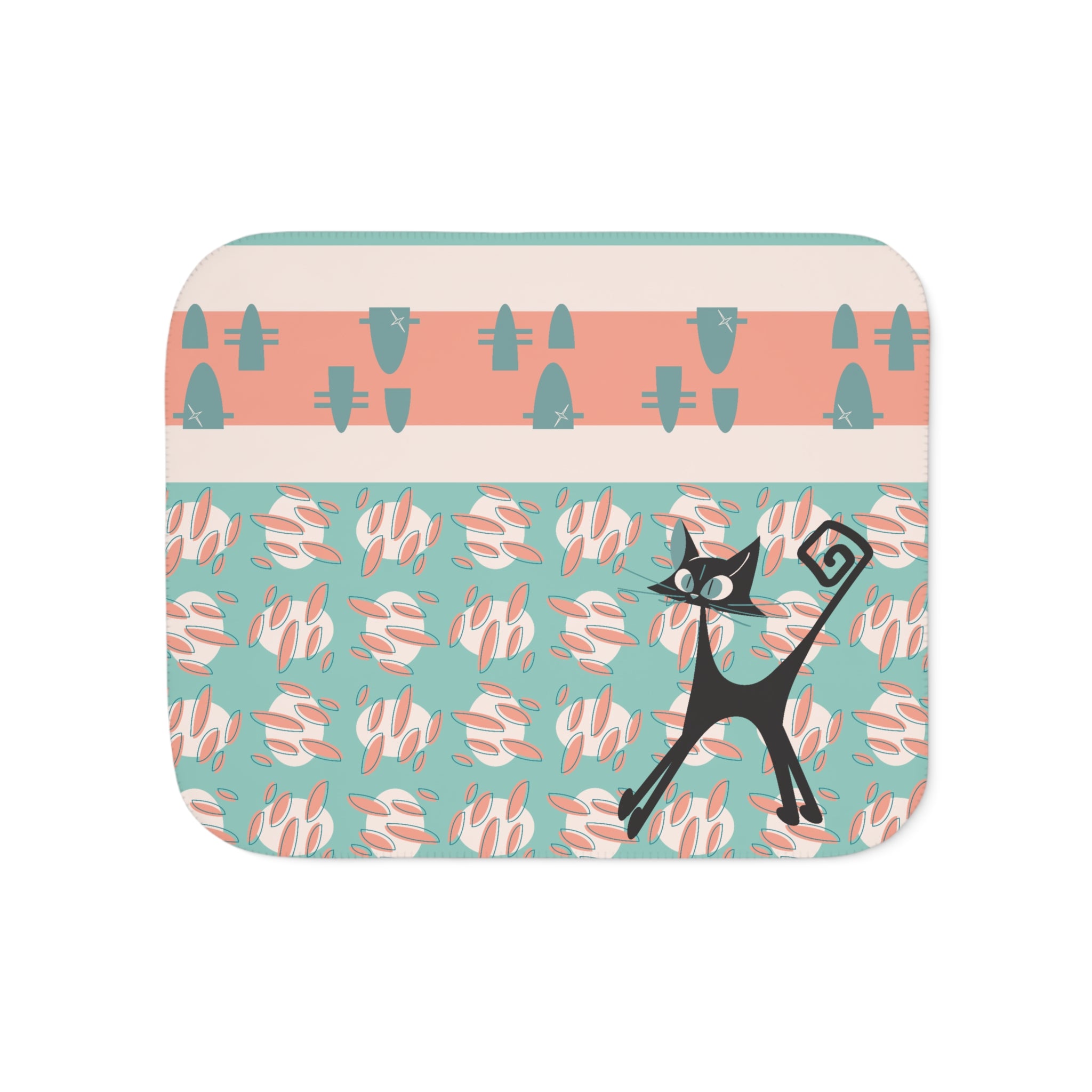 Mid Century Modern Atomic Cat Coral, Aqua Blue, Mid Mod Throw Blanket - Mid Century Modern Gal