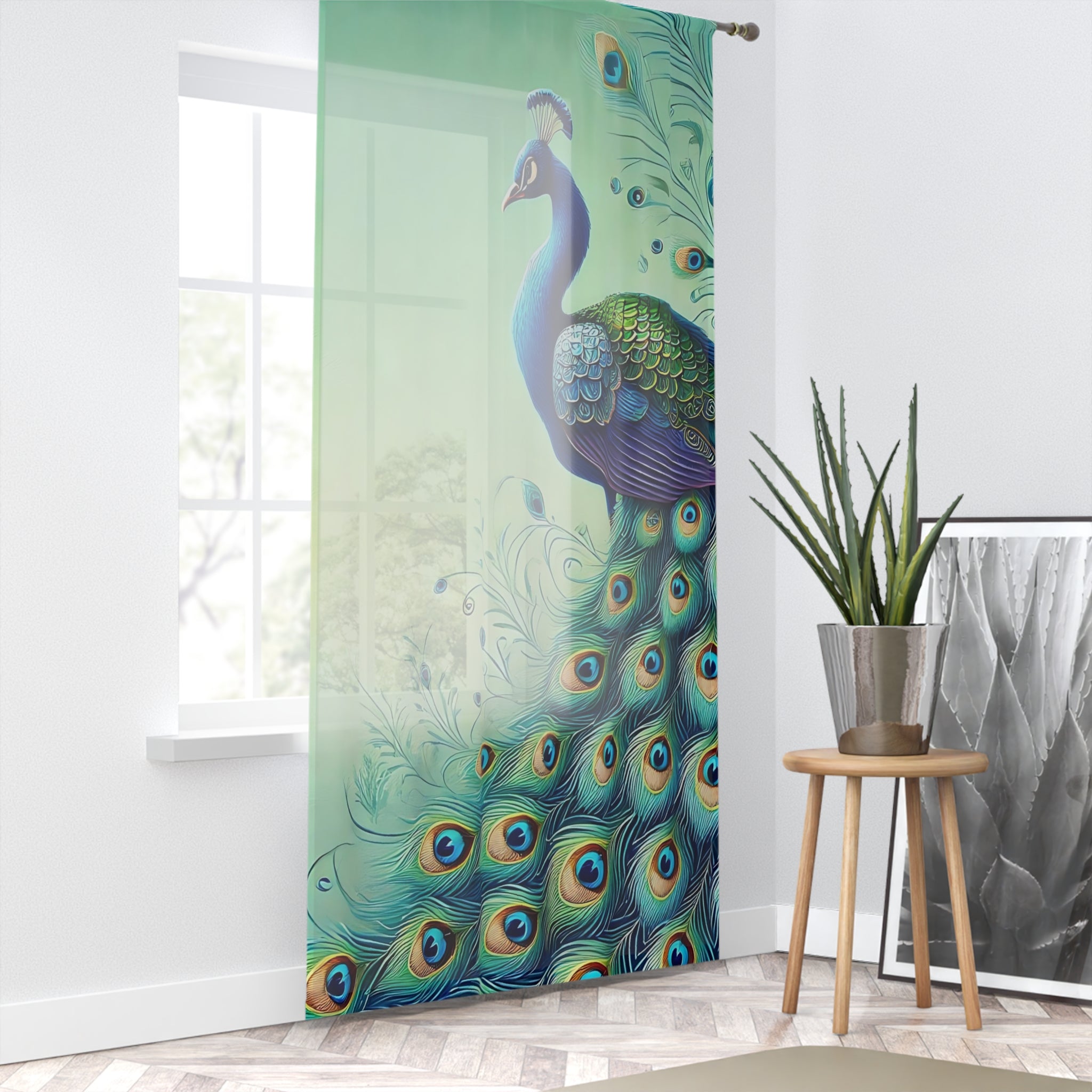 Chinoiserie Elegant Green Peacock Eye Feathers Modern Sheer Curtain Panel - Mid Century Modern Gal