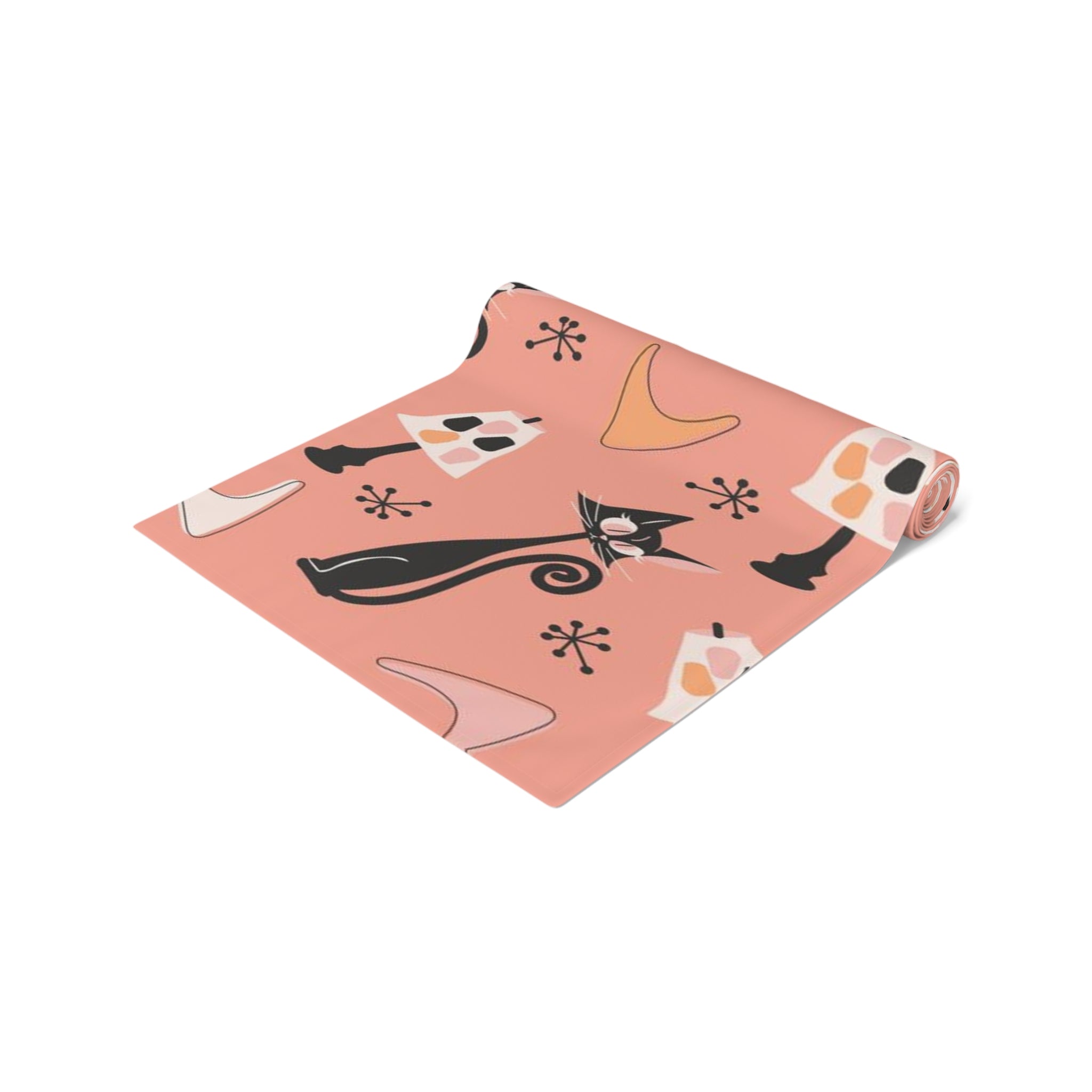 Atomic Cat Table Runner, Coral, Black White Kitties, Boomerang Pattern With Quirky Lamps, Mid Century Modern Table Decor - Mid Century Modern Gal