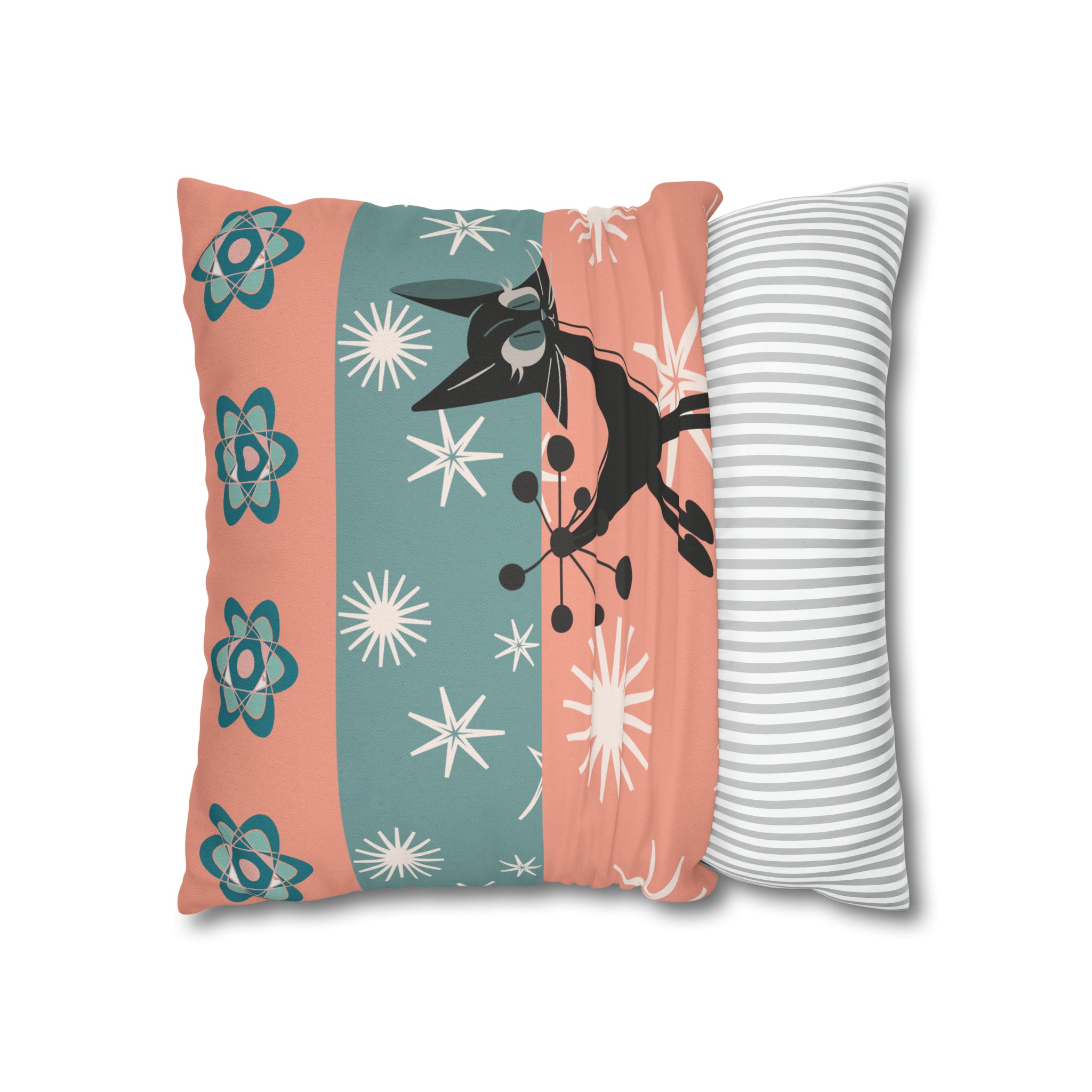 Atomic Kitschy Kittie, Black Cat Lover, Mid Century Modern Boomerang, Retro Coral, Teal, Starburst, 50s Pillow Case Cover - Mid Century Modern Gal