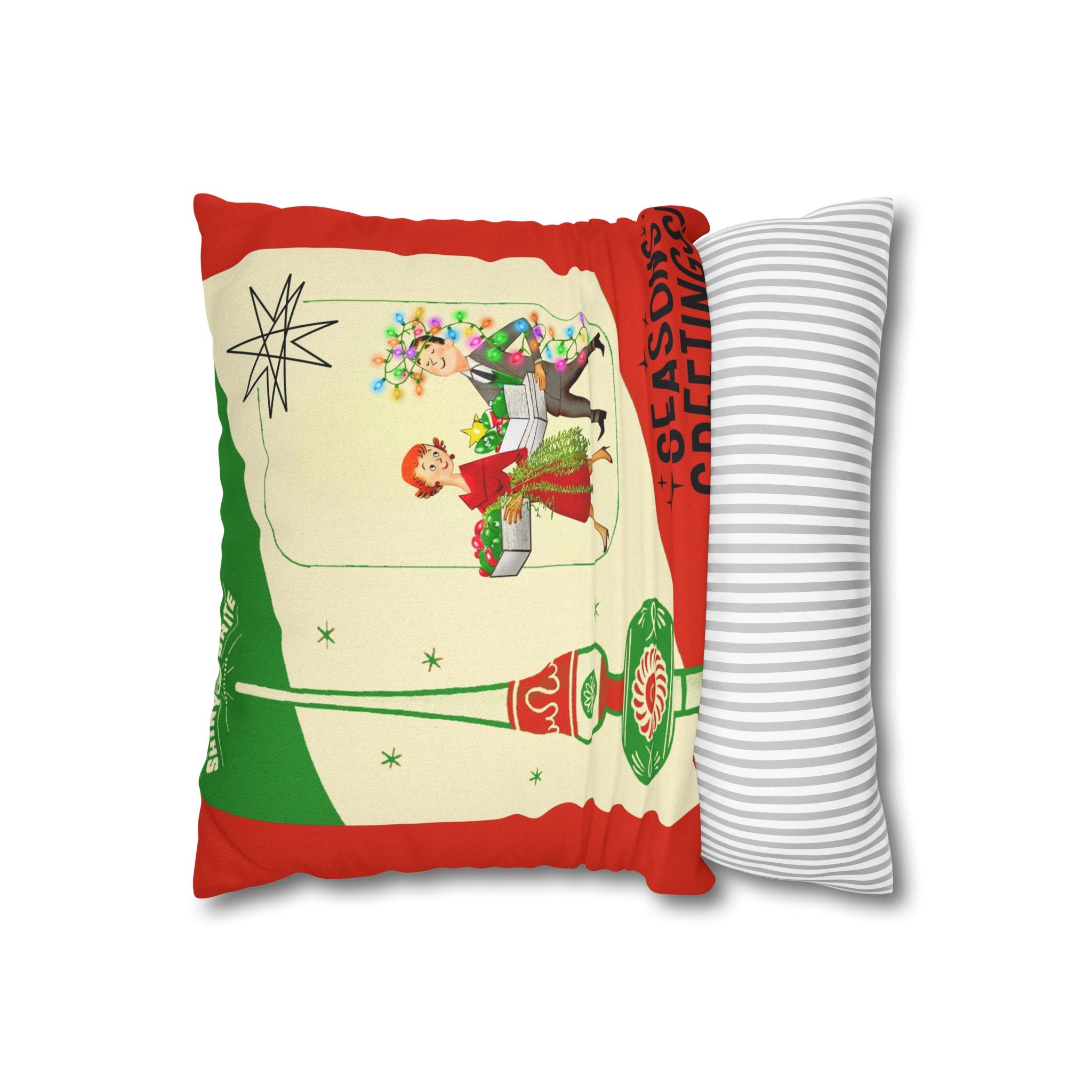 Shiny Brite Holiday Pillow Cover, Mid Century Modern Kitschy Couple Season Greetings - Mid Century Modern Gal