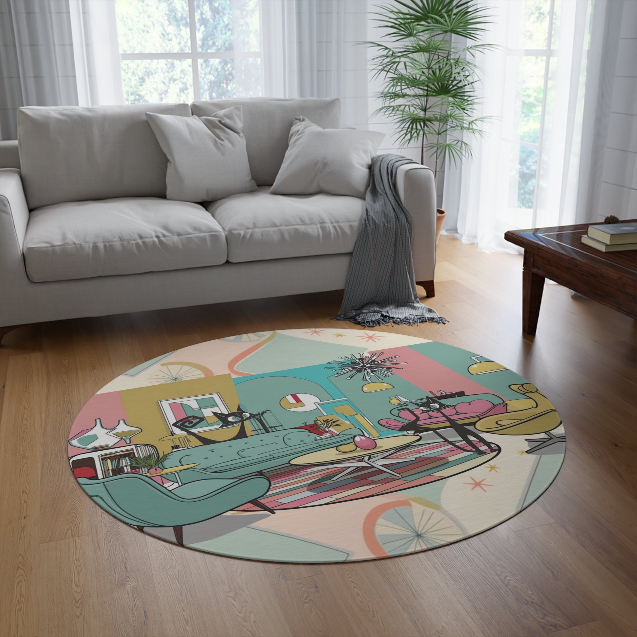Atomic Cats, Quirky Fun Kitschy Mod Mid-Century Modern Round Rug - Stylish Living Room Decor - Mid Century Modern Gal