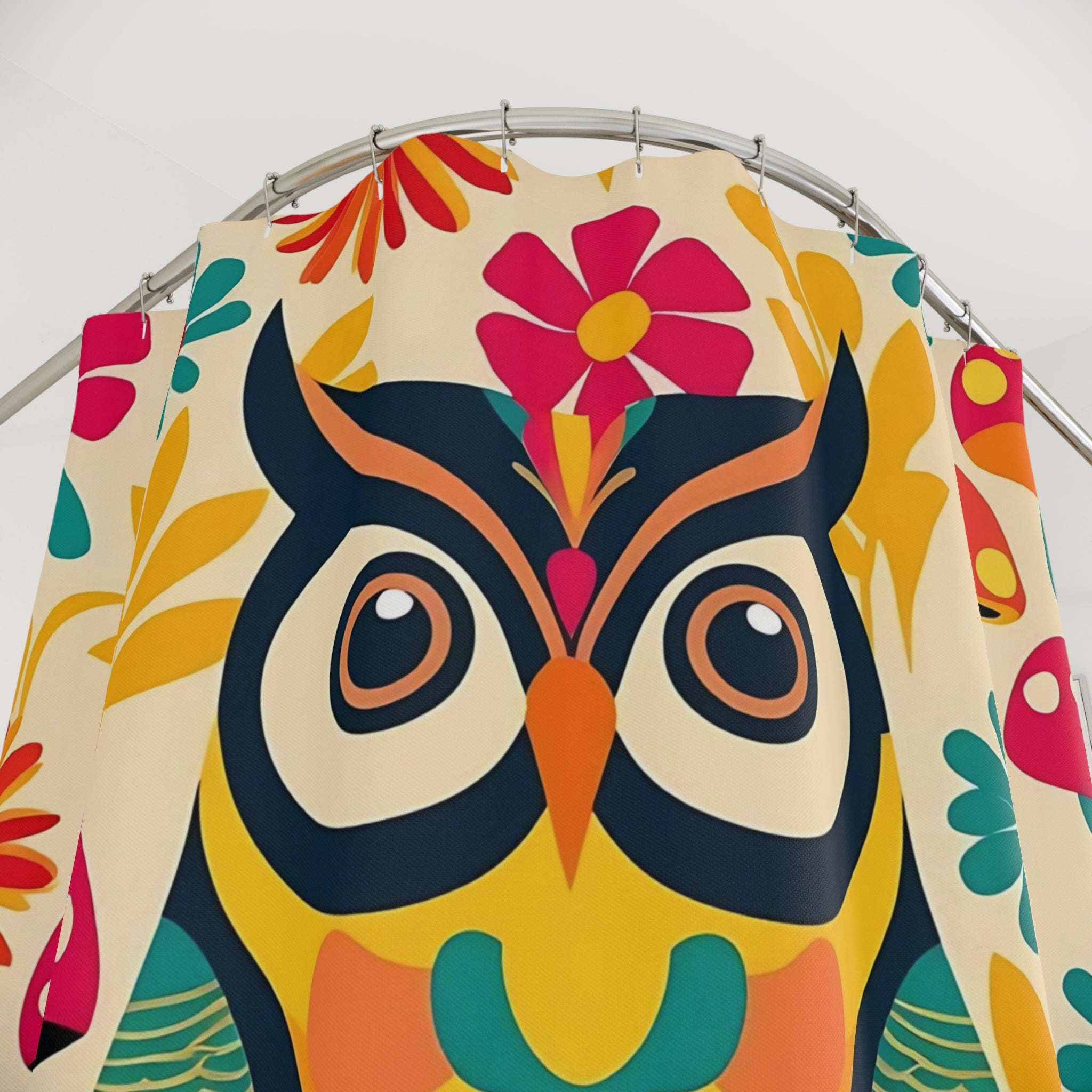 Retro 70s Groovy Owl, Mushroom Colorful Owl Shower Curtain - Vibrant Floral Design for Bathroom Decor - Mid Century Modern Gal