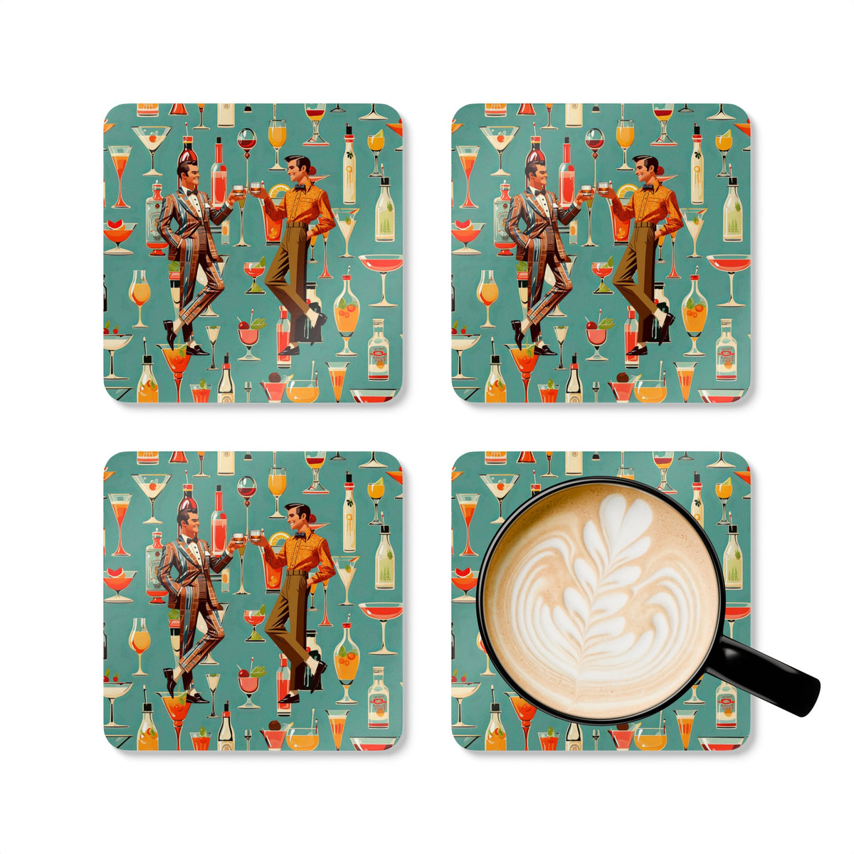 Atomic 50s Cocktail Coasters, Featuring Bourbon Drinking Dapper Males, MCM Style Corkwood Coaster Set - Mid Century Modern Gal