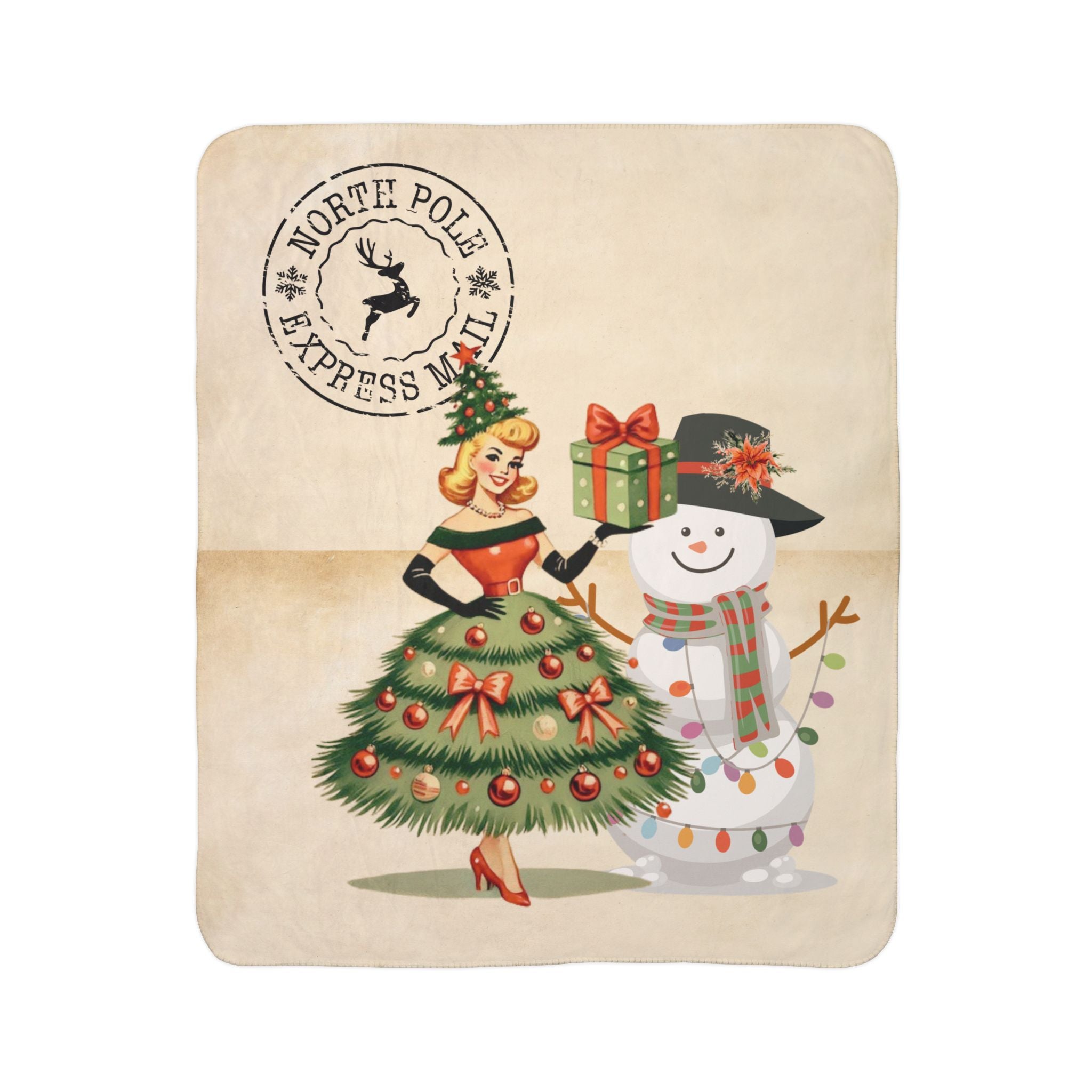 Retro Vintage Holiday 50s Kitsch Santa Gal, Snowman North Pole Cozy Seasonal Blanket - Mid Century Modern Gal