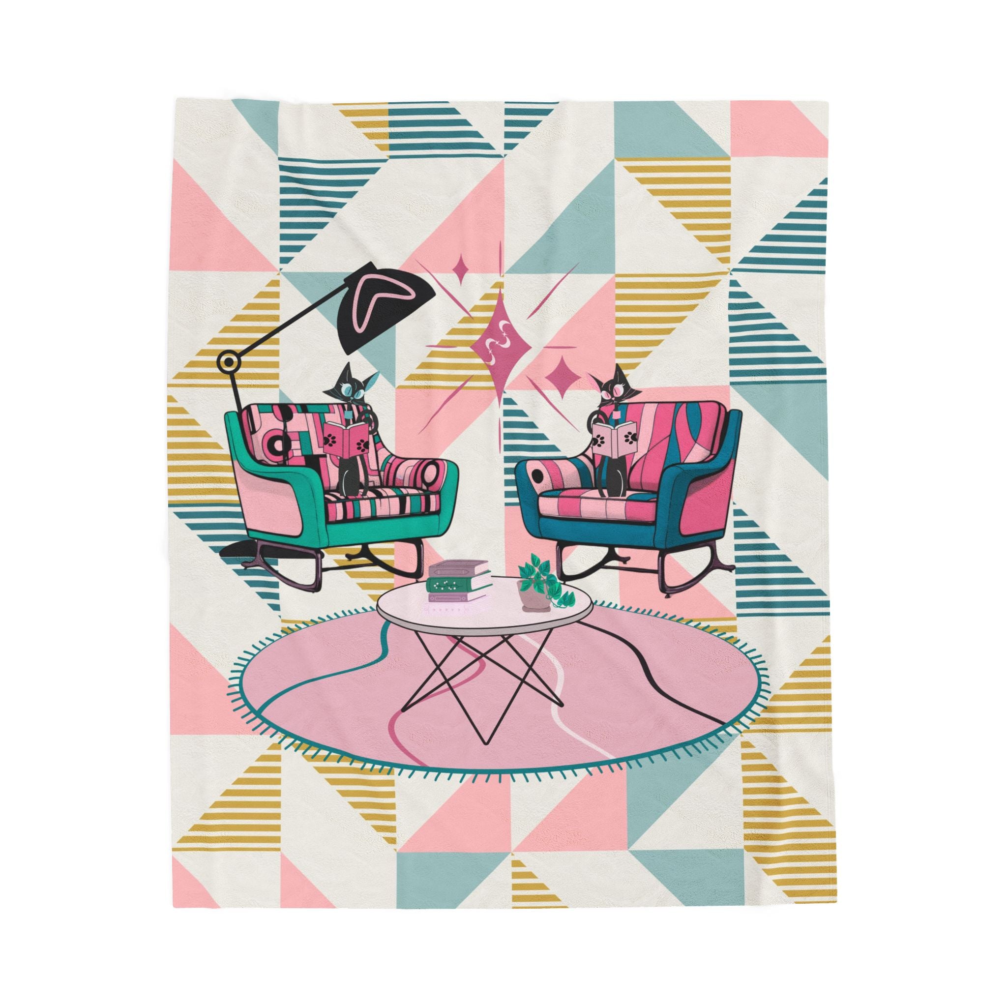 Atomic Cats Reading Blanket Mid-Century Modern, Book Lover, Book Club Gift Plush Blanket - Cozy Retro Home Decor - Mid Century Modern Gal