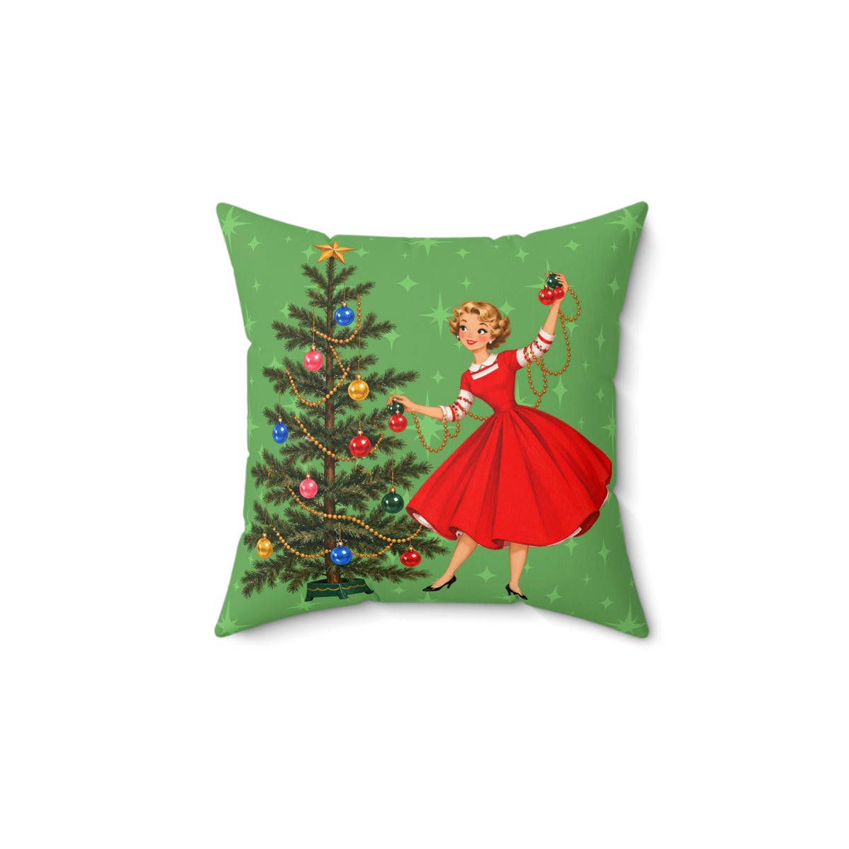 Mid Century Modern Gal Decorating Christmas Tree, Green Atomic Starbursts Pillow Cover and Insert