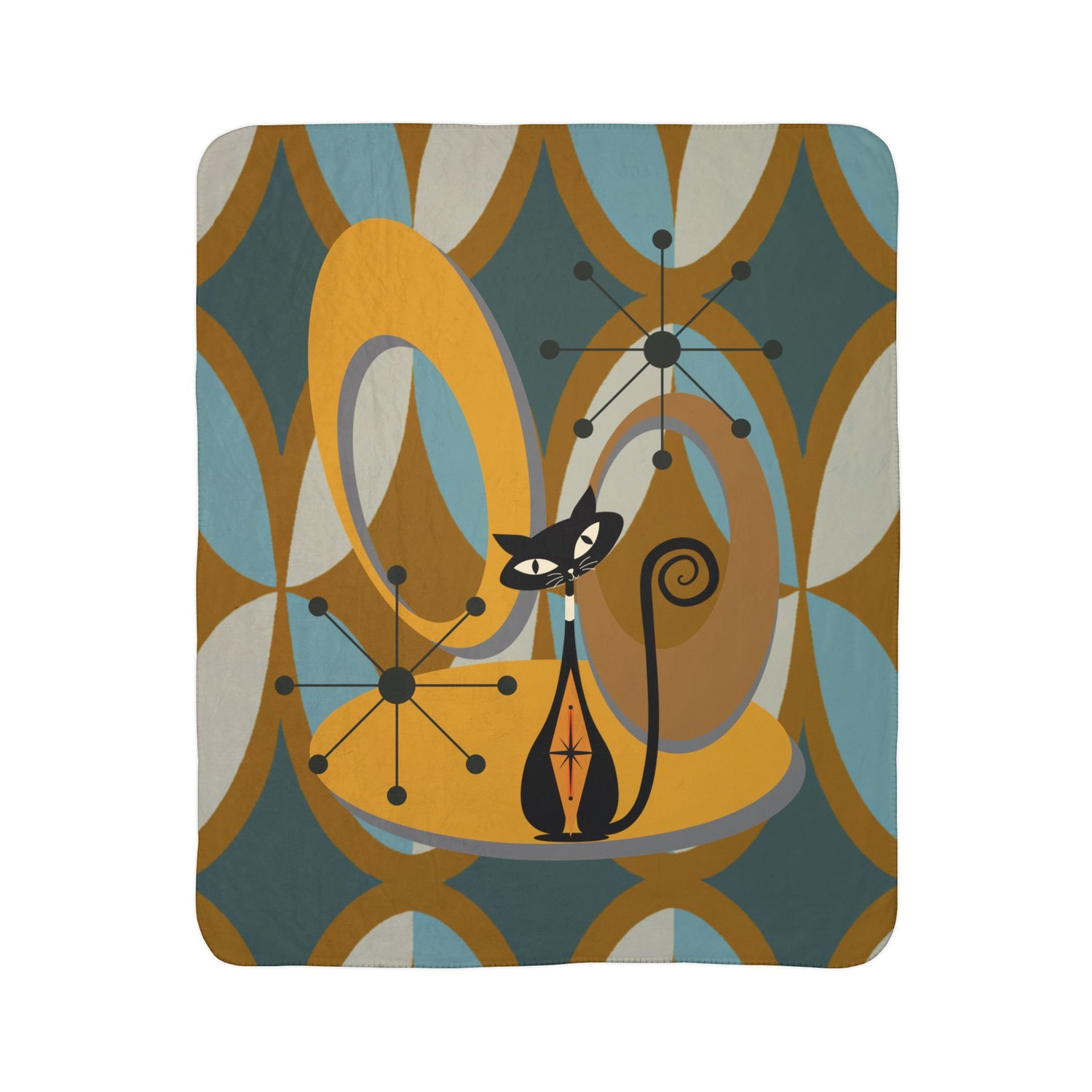 Mid Century Modern Atomic Cat, Retro Diamond Fleece Sherpa Blanket - Mid Century Modern Gal