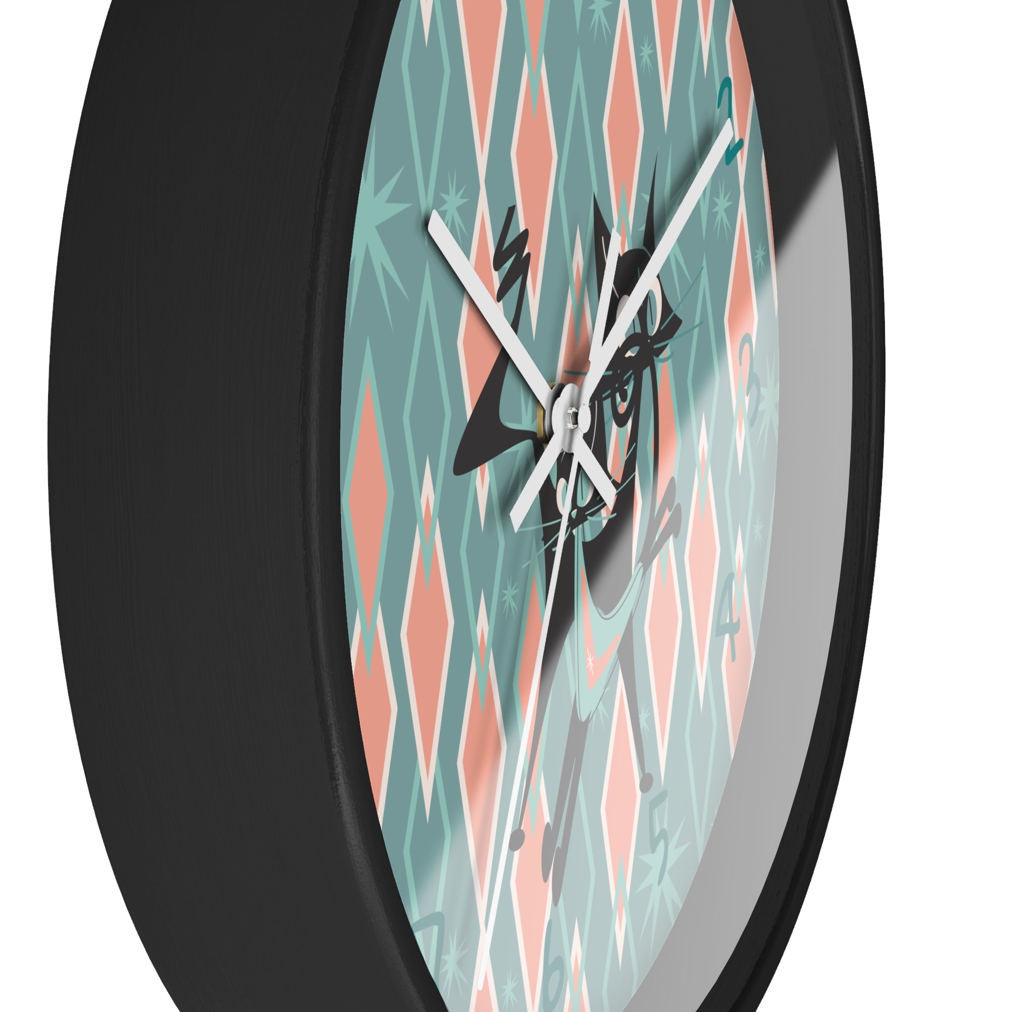 Retro Kitchen Wall Clock For Atomic Cat Black Cat Lovers, Mid Century Modern Designed, Teal, Pink Harlequin Diamond Designed MCM Clock - Mid Century Modern Gal