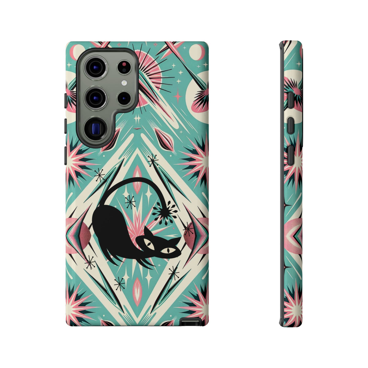Atomic Cat, Mid Century Modern Aqua Blue, Pink, Starbursts Tough Phone Case