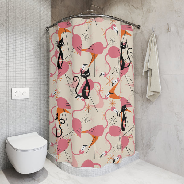 Atomic Cat, Whimsical Flamingos, Kitschy Mid Century Modern Shower Curtain - Stylish Bathroom Decor