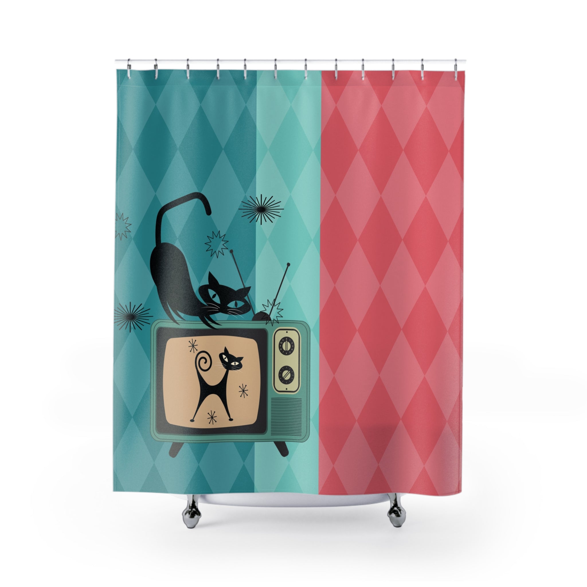 Atomic Kitschy Cat, Mid Mod Pink, Teal, Mint Green, Retro Shower Curtain - Mid Century Modern Gal