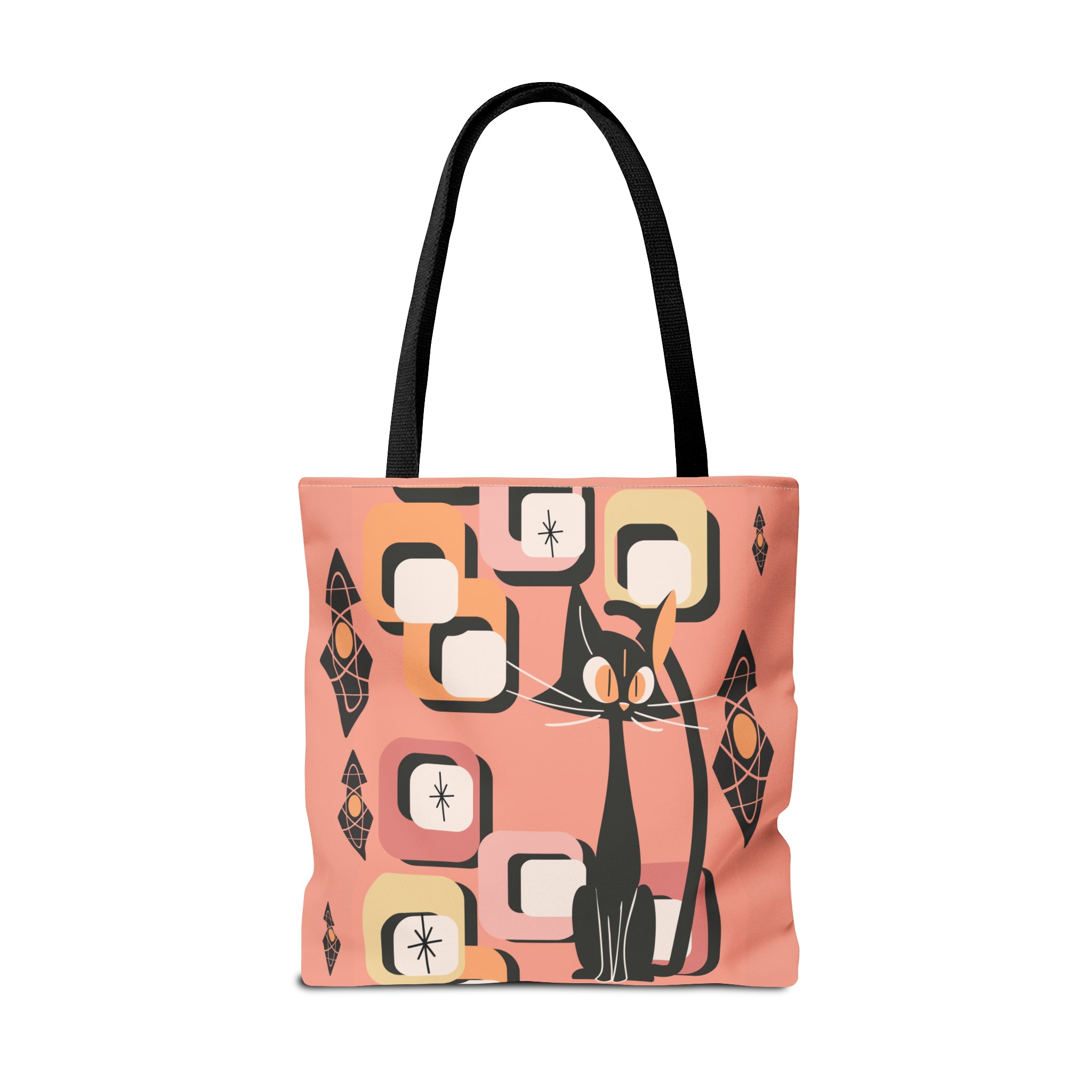 Atomic Cat Tote Bag, Coral Color, Mid Century Modern Geometric Designs, Mid Mod Retro Apparel - Mid Century Modern Gal