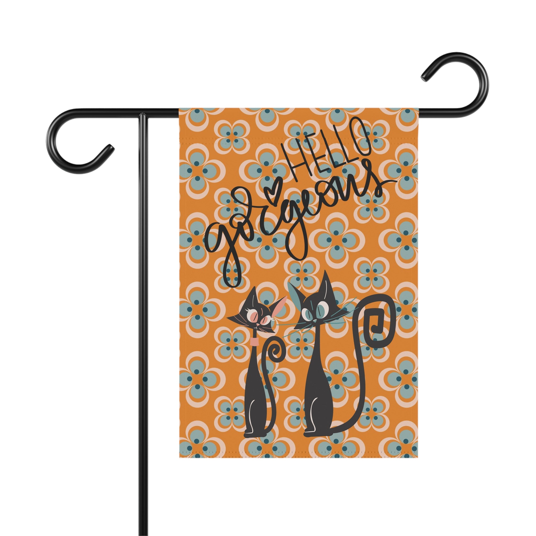 Atomic Cat Mid Mod Scandi Designed Orange Blue, Spring Summer Garden Flag - Mid Century Modern Gal