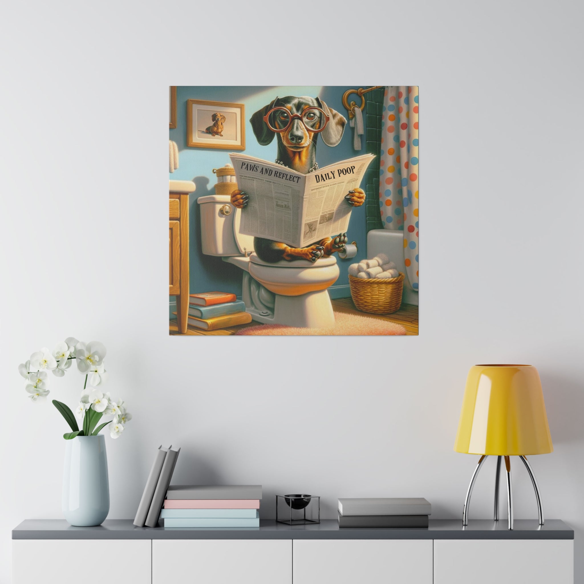 Funny Dog Bathroom Wall Art, Doxie Dachshund Dog Bathroom Humor, Retro Wall Art Canvas - Mid Century Modern Gal