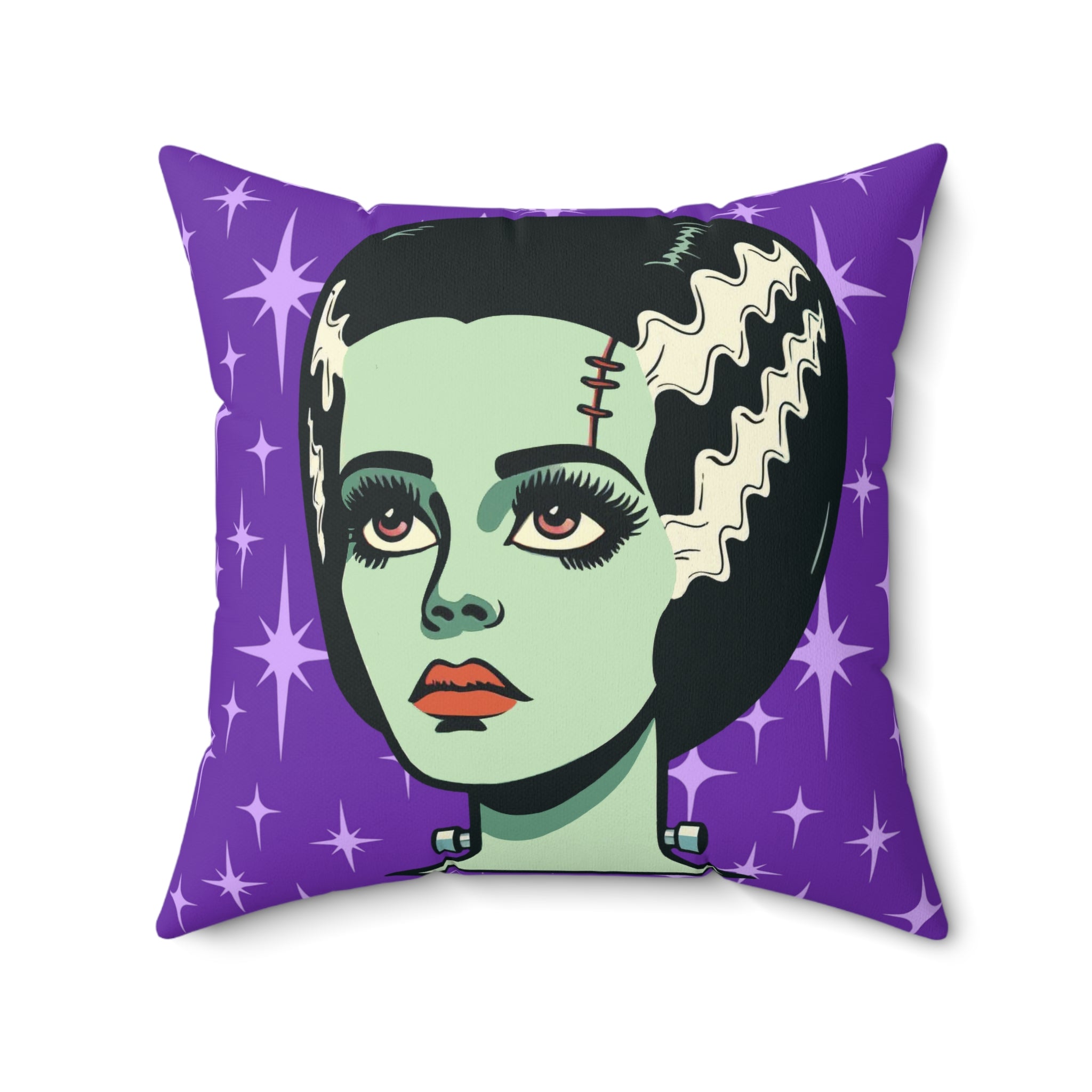 Bride of Frankenstein Retro Mid Mod Horror Buff Purple Halloween Pillow Cover and Insert - Mid Century Modern Gal