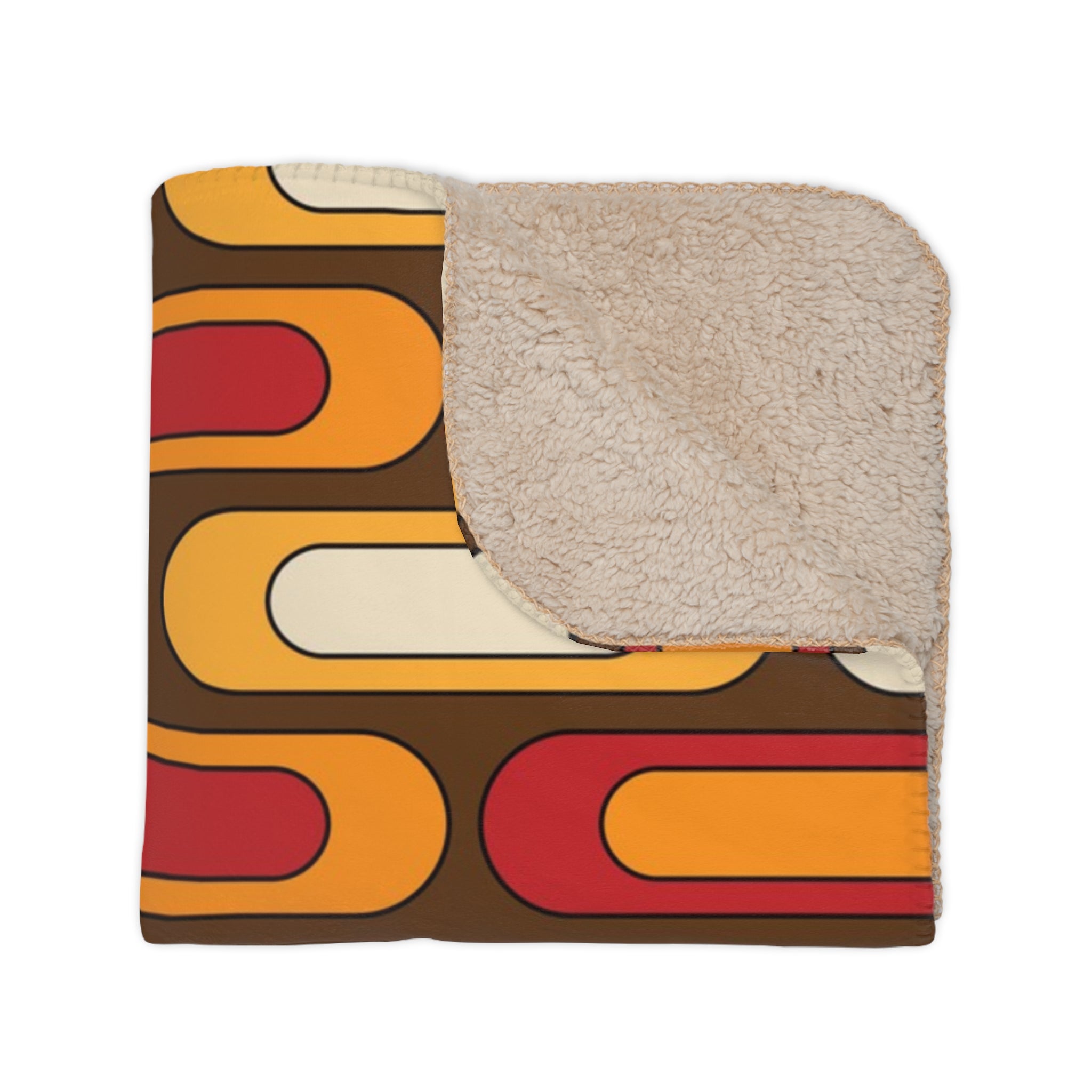 Mid Century Modern Blanket, Geometric Brown, Mustard Yellow, Burnt Red Cozy Retro Tan Sherpa Blanket - Mid Century Modern Gal