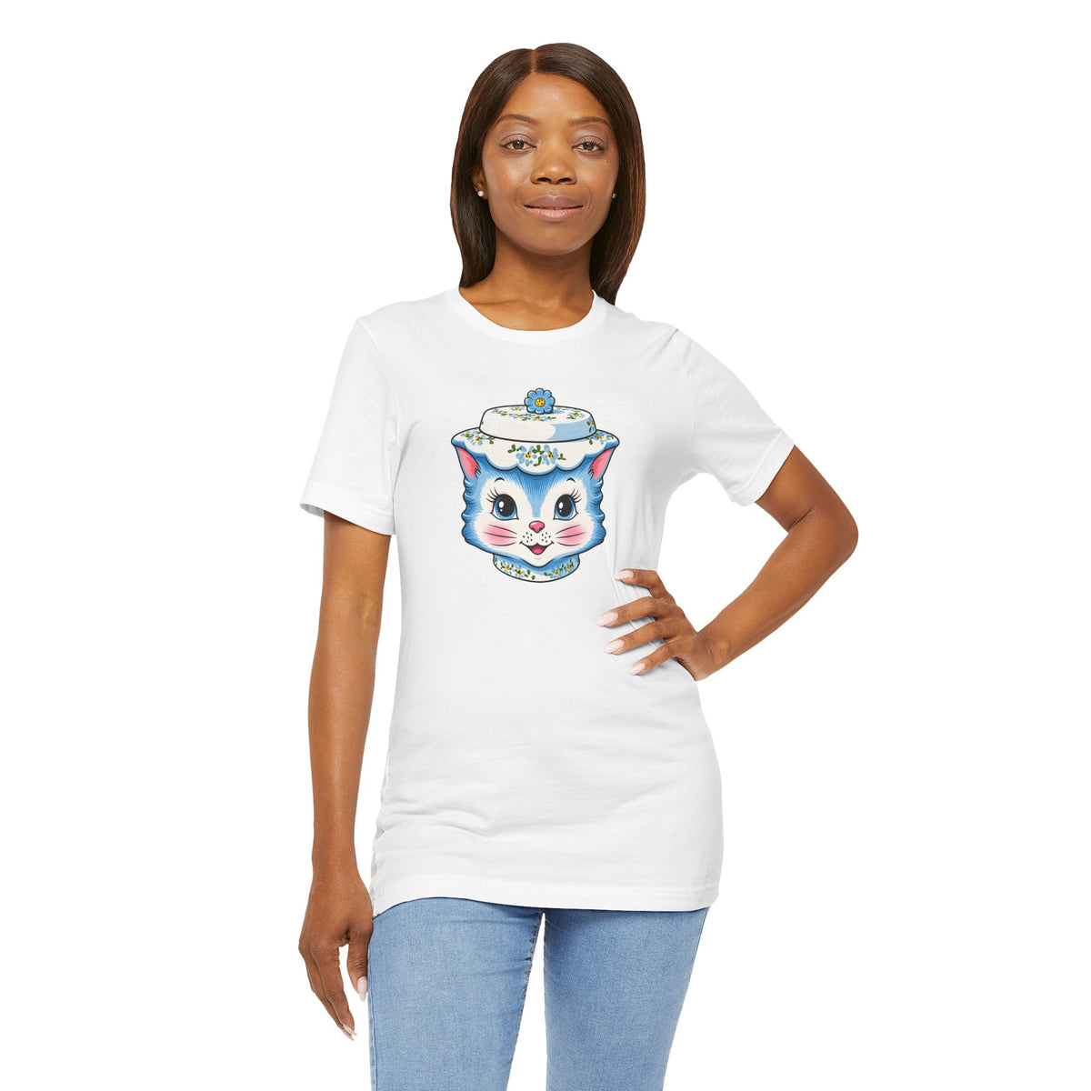 Mid Century Modern Kitschy Anthropomorphic Blue Cat with Floral Hat Unisex T-Shirt