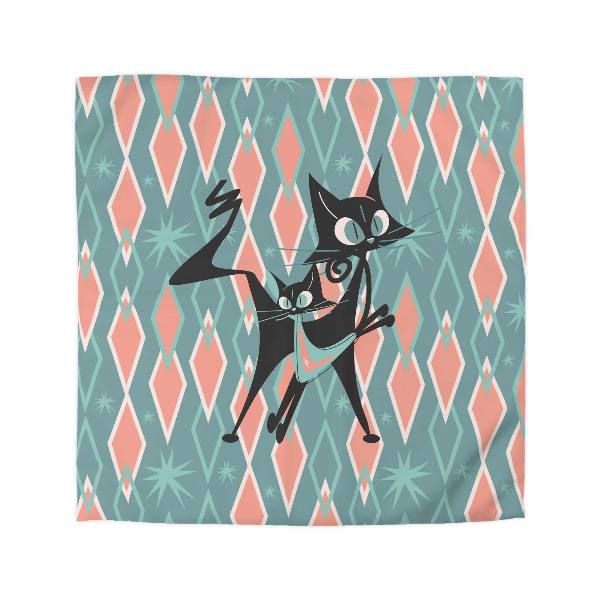 Atomic Cats Bedding, Pink, Aqua Harlequin Diamonds, Mid Century Moden Duvet Cover - Mid Century Modern Gal