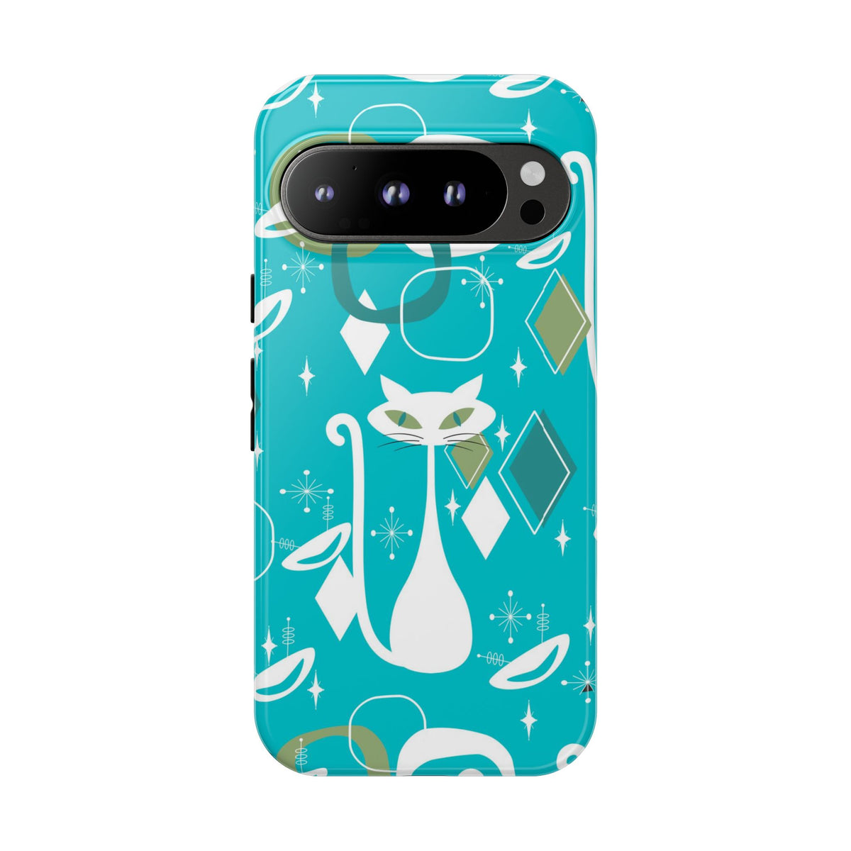 Atomic Cat Space Designs, Mid Century Modern, Aqua, White Kitschy Cat Tough Phone Case