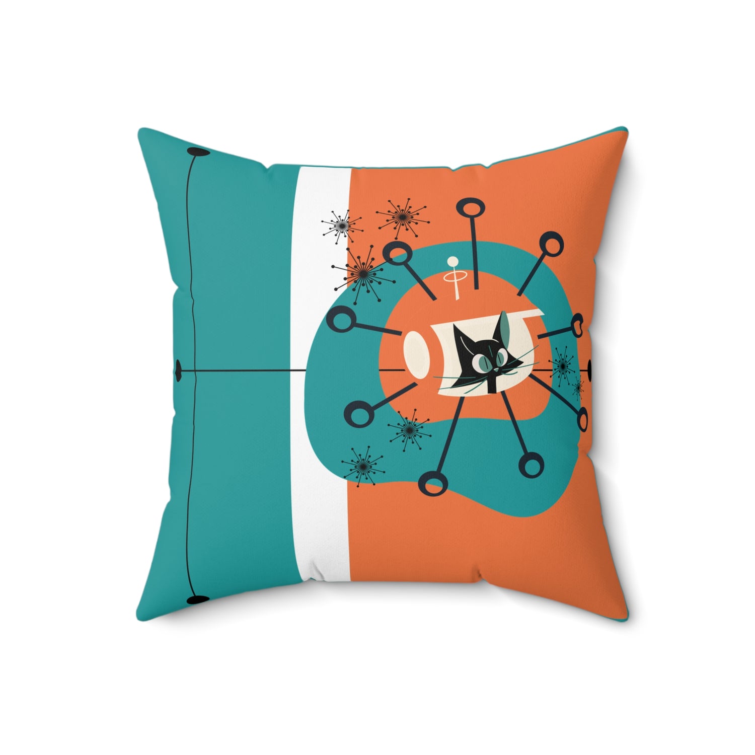 Atomic Space Kittie, Mid Century Modern Orange, Teal, White, Linear Lines, MCM Pillow And Cover - Mid Century Modern Gal