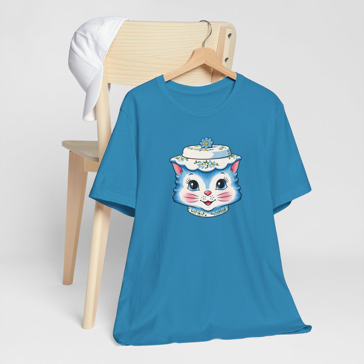 Mid Century Modern Kitschy Anthropomorphic Blue Cat with Floral Hat Unisex T-Shirt
