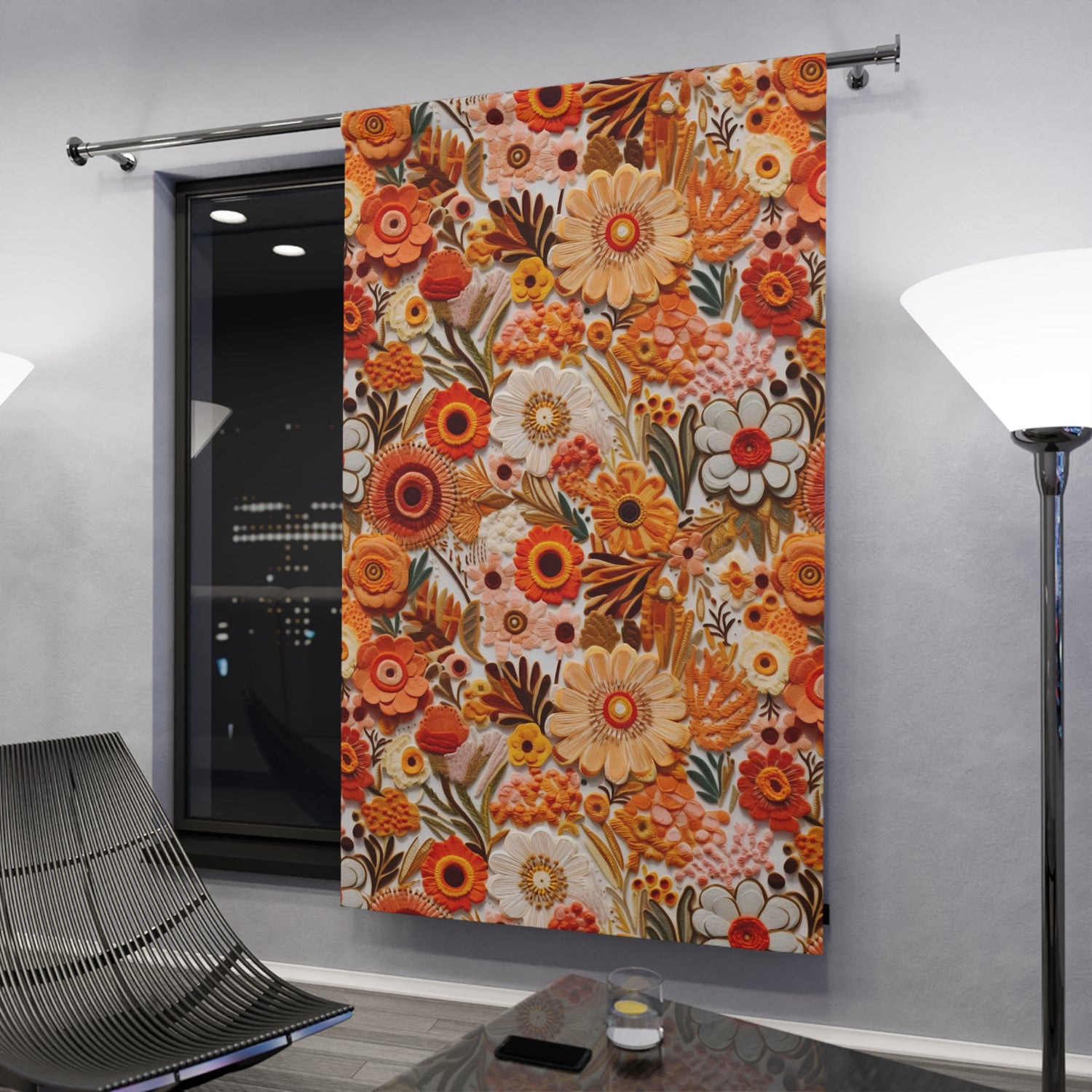 Mid Century Modern Embroidery Fauxed Flower, Floral Black Out Window Curtain (1 Piece) - Mid Century Modern Gal