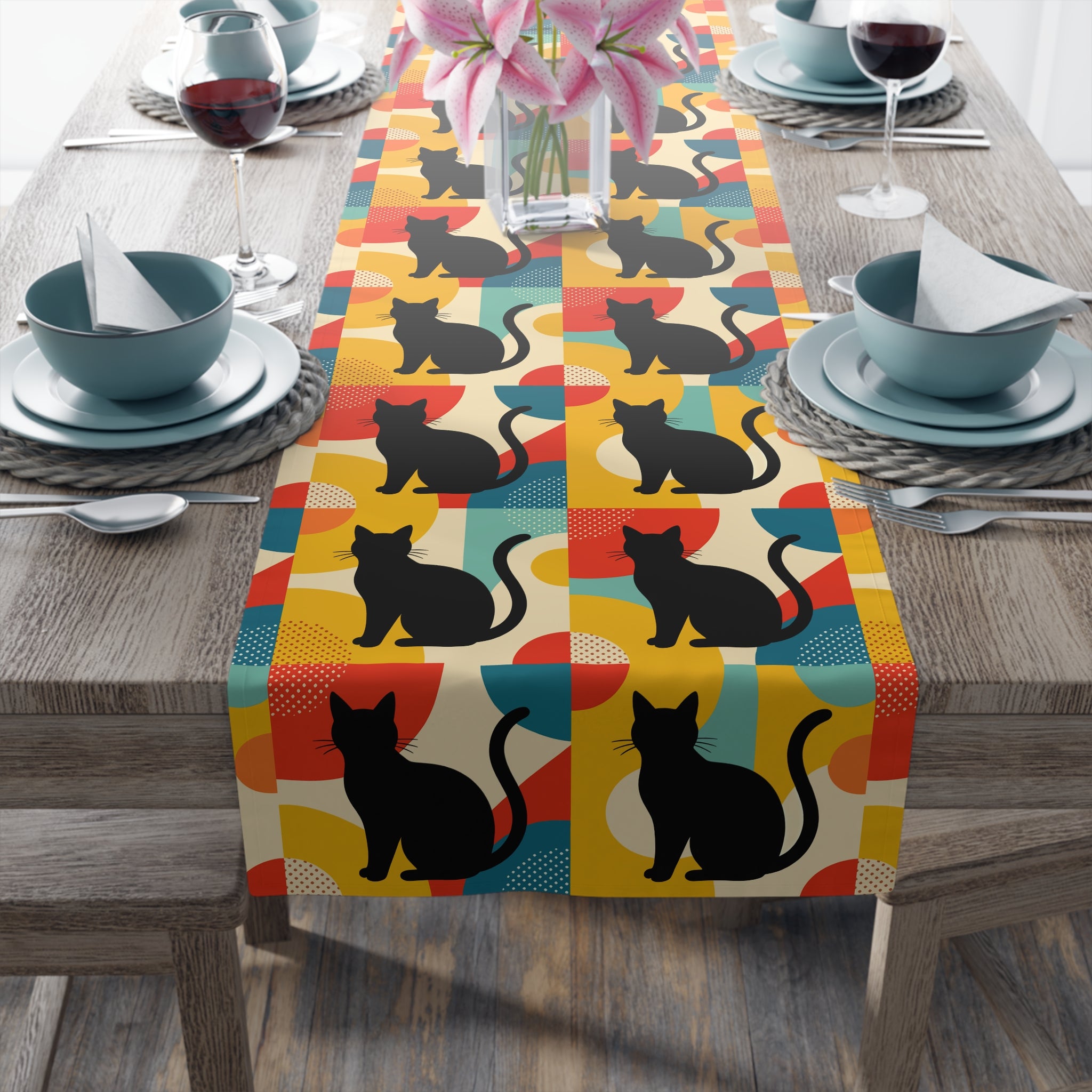Pop Art Black Atomic Cats, Red Blue Yellow, Table Runner - Mid Century Modern Gal