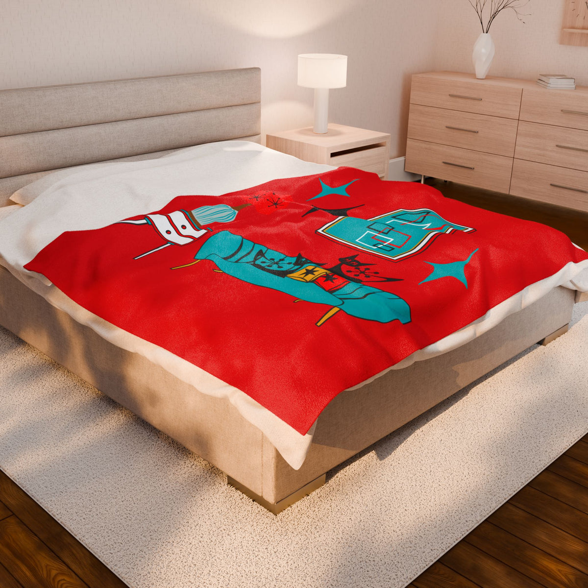 Atomic Cat Art, Cozy Mid Century Modern, Retro Red, Aqua Blue, Teal, Starburst, Black Cat Lover Sherpa Blanket - Mid Century Modern Gal