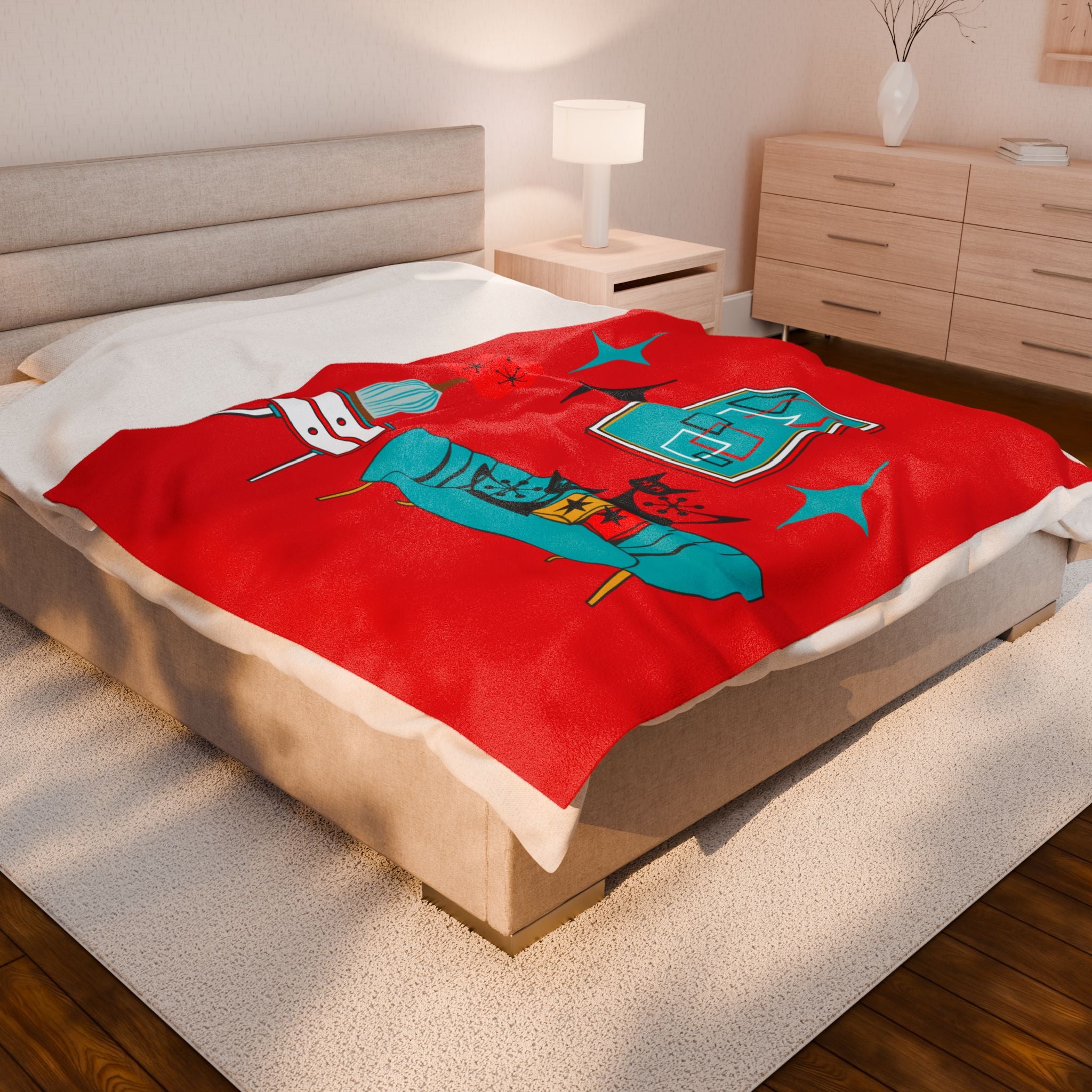 Atomic Cat Art, Cozy Mid Century Modern, Retro Red, Aqua Blue, Teal, Starburst, Black Cat Lover Sherpa Blanket - Mid Century Modern Gal