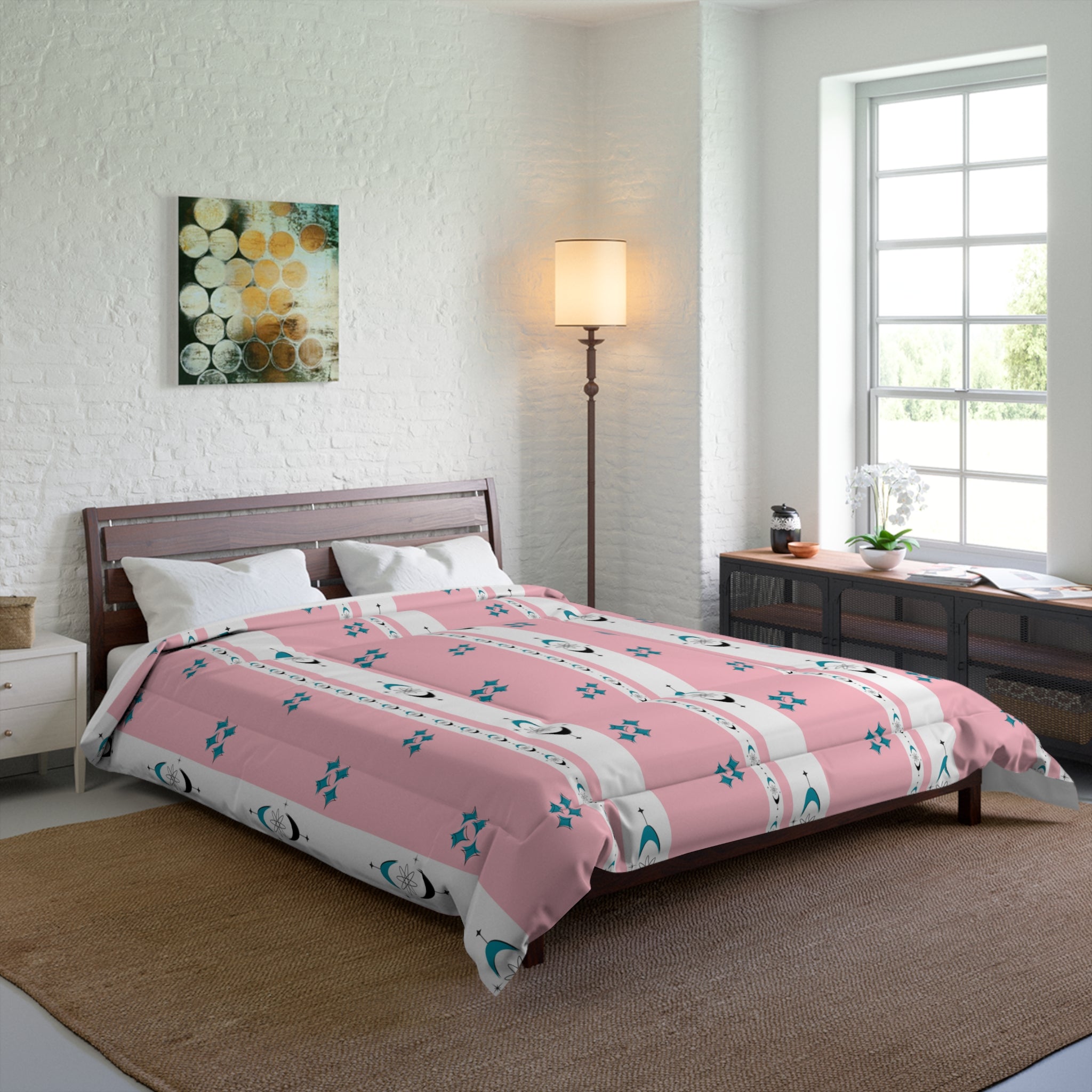 Atomic 50s Pink, Starbursts, Mid ModChic Comforter with Pink and Teal Pattern for Cozy Bedrooms - Mid Century Modern Gal