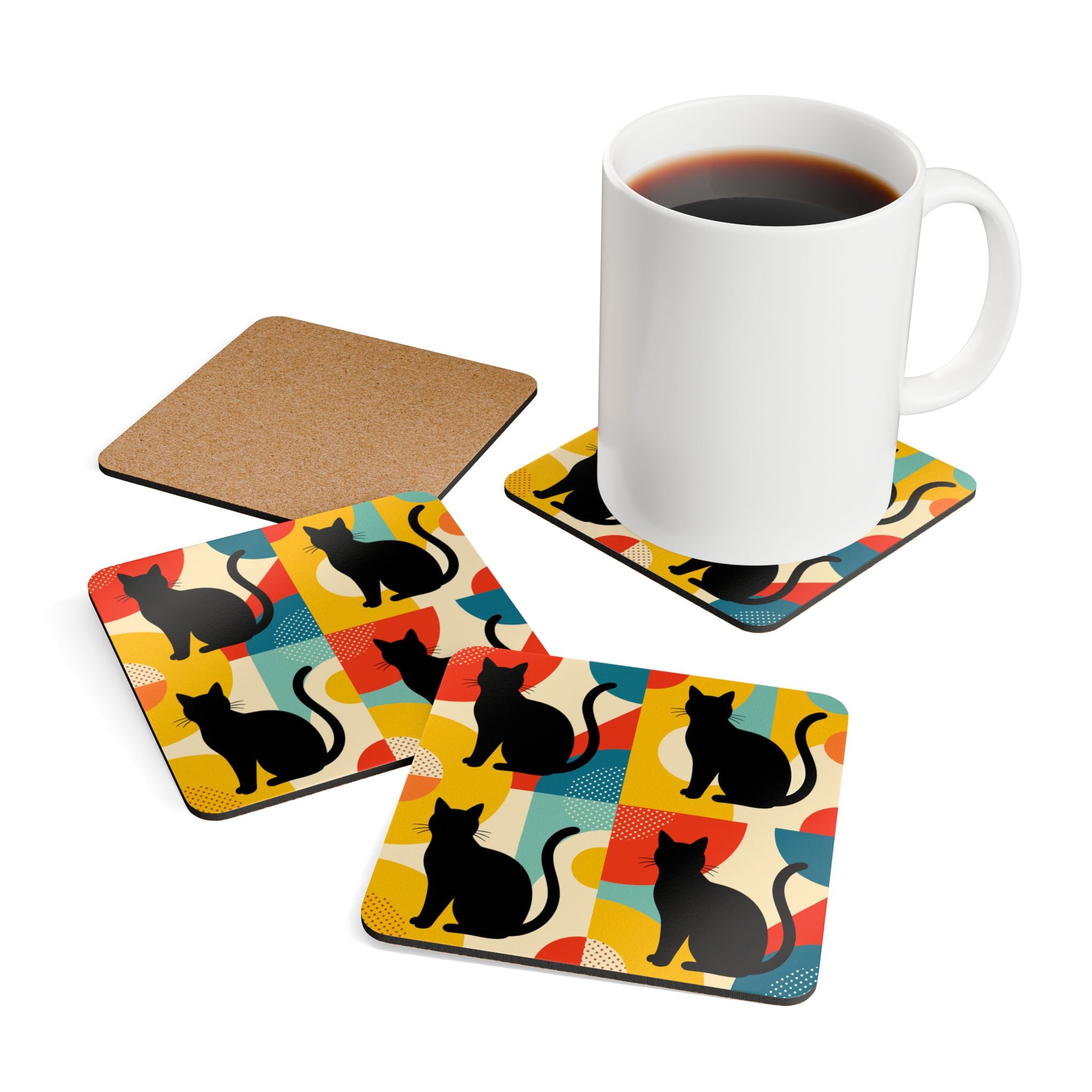 Pop Art Black Atomic Cats Corkwood Coaster Set - Mid Century Modern Gal