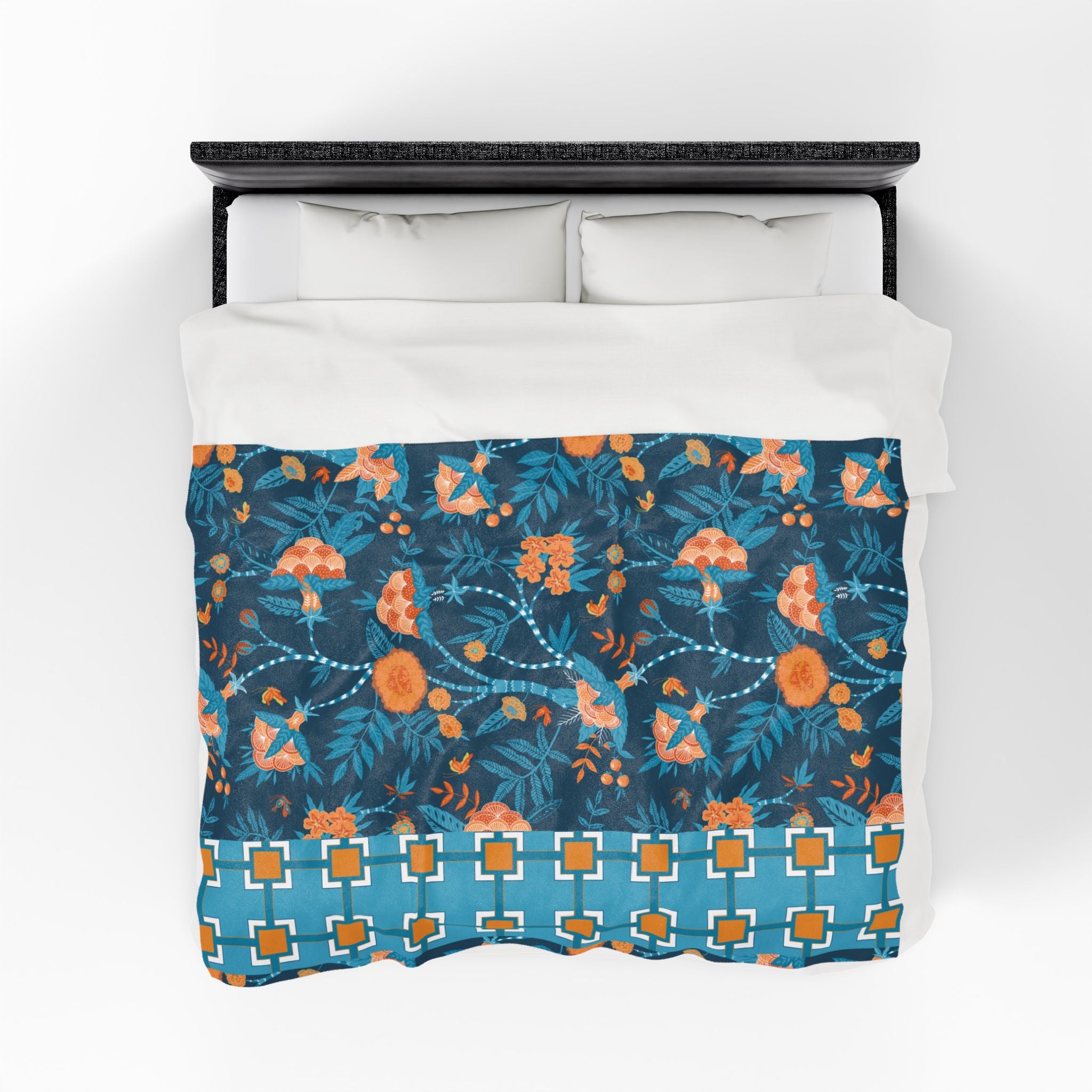 Chinoiserie Throw Blanket Blue, Orange Tropical Floral Velveteen Plush Blanket - Cozy Home Decor for All Seasons - Mid Century Modern Gal