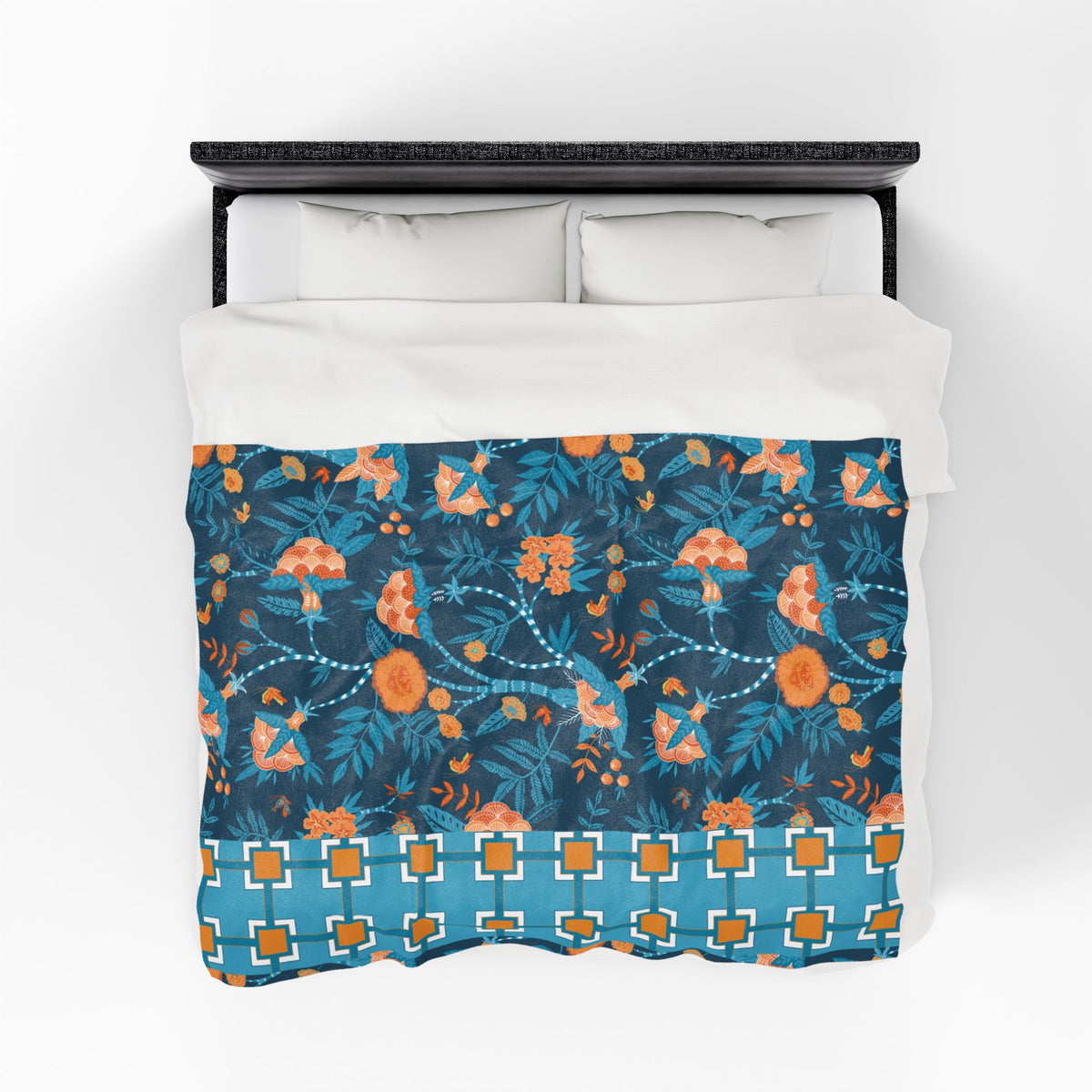 Chinoiserie Throw Blanket Blue, Orange Tropical Floral Velveteen Plush Blanket - Cozy Home Decor for All Seasons - Mid Century Modern Gal