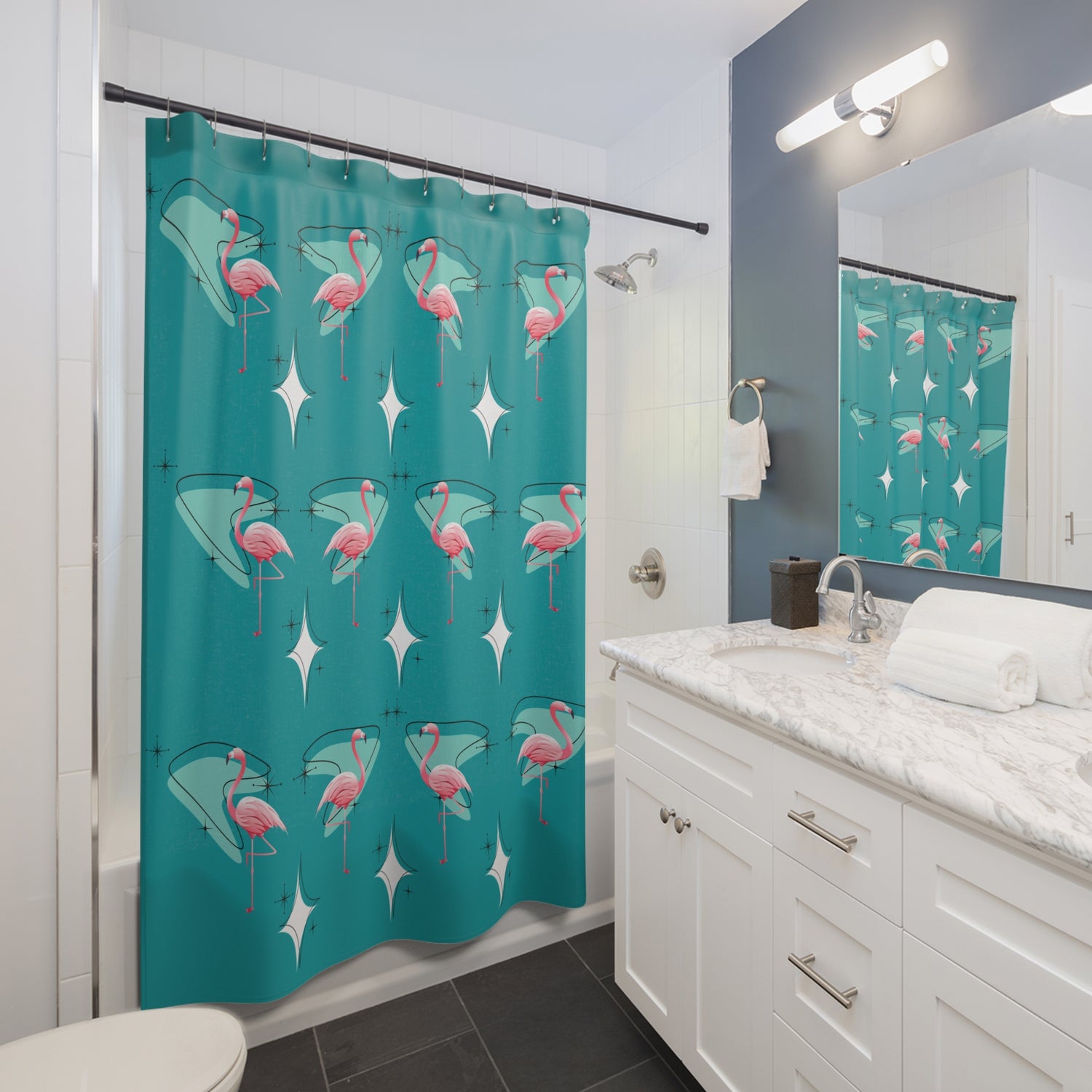 50s Palm Springs Cali Flamingo Shower Curtain In Teal And Pink Boomerang - Mid Century Modern Gal
