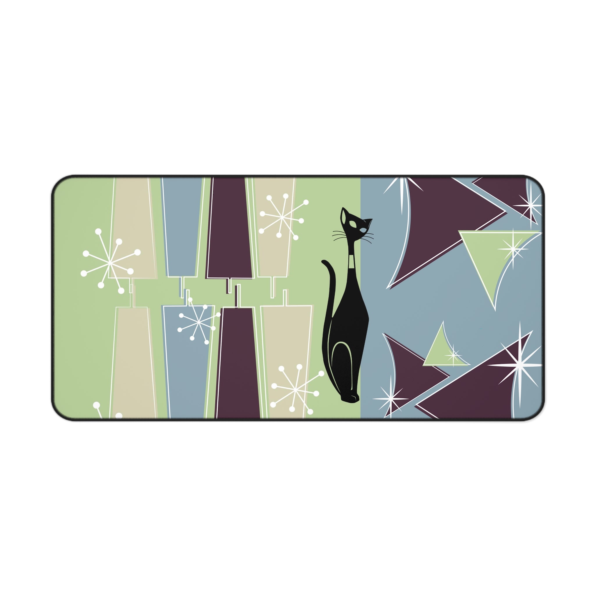 Mid Century Modern, Atomic Cat, Green, Blue, Purple, Starburst Retro MCM Desk Mat - Mid Century Modern Gal