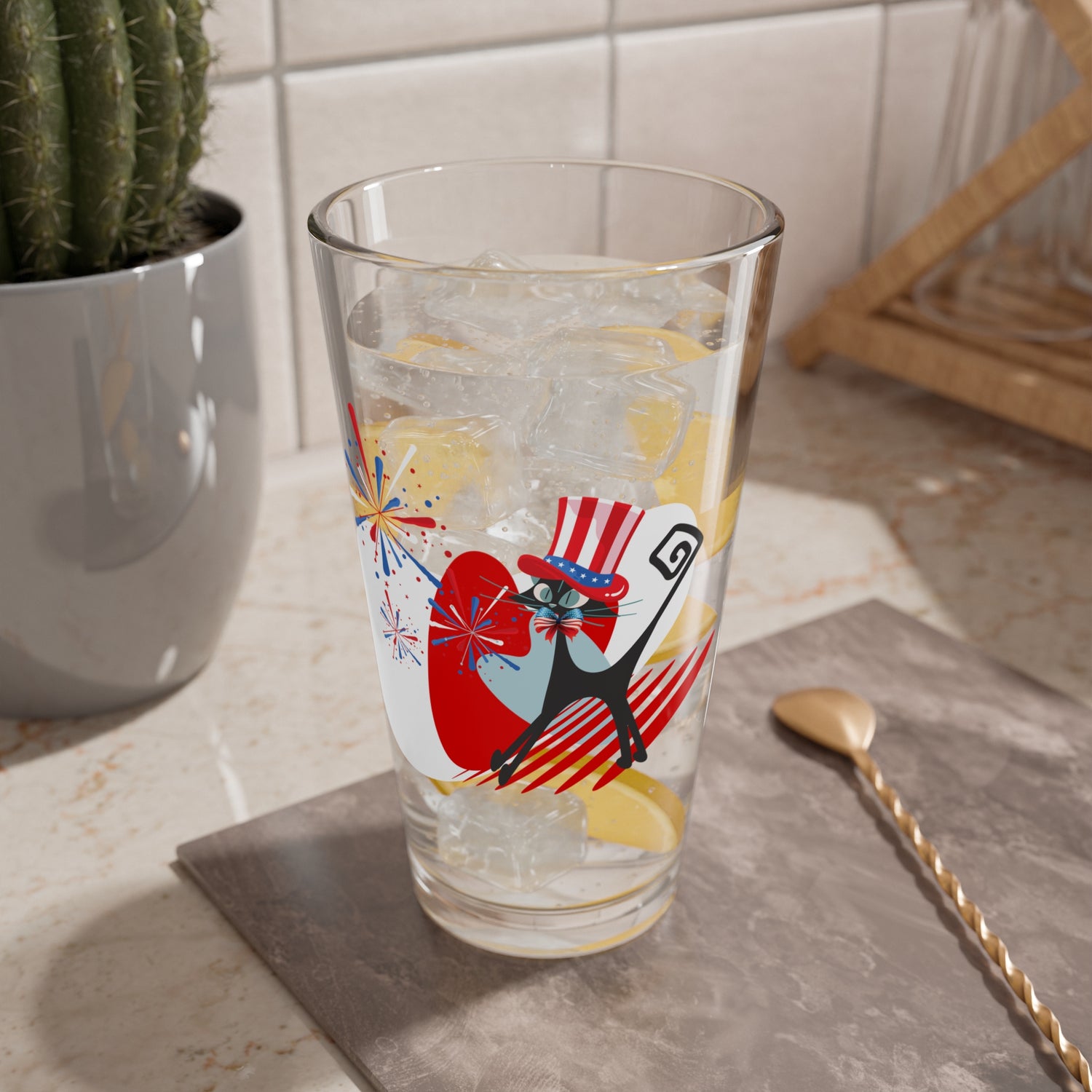 4th Of July Party Glasses, Aomic Kittie, Boomerang, Fireworks Kitschy Mod Atomic Cat Glassware - Mid Century Modern Gal