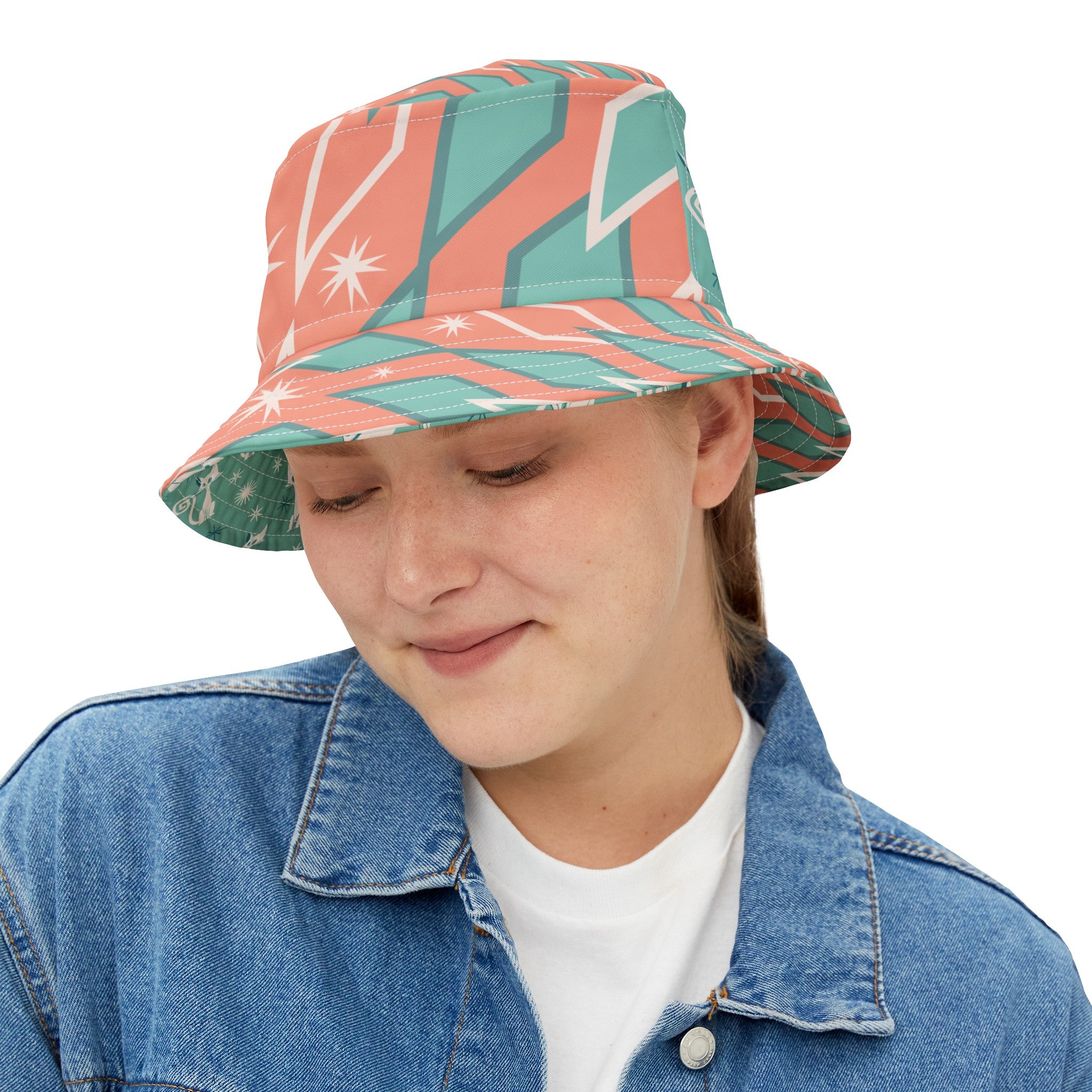 Atomic Kittie Cats, Coral, Aqua, Kitschy Cute Summer Mid Mod Retro Bucket Hat - Mid Century Modern Gal