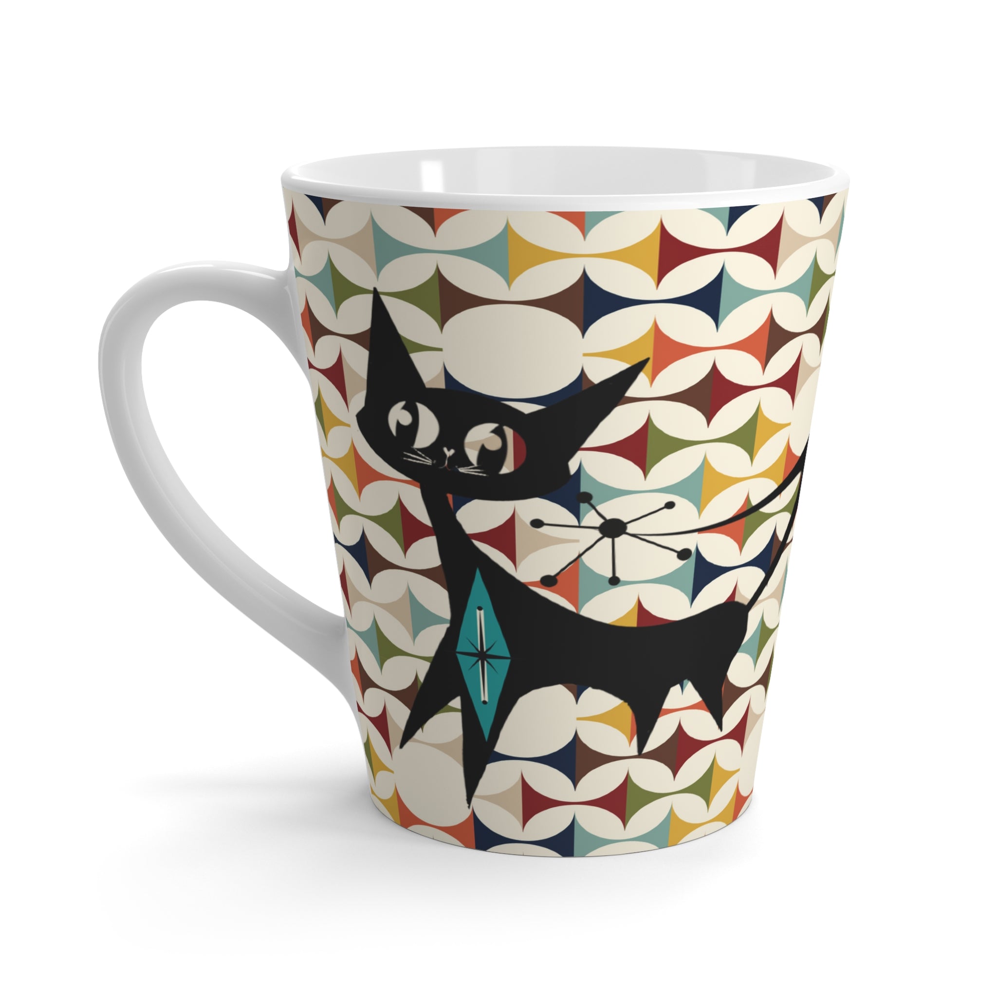 Retro Scandinvian Colorful Atomic Cat Latte Mug - Perfect for Cat Lovers and Cozy Mornings - Mid Century Modern Gal