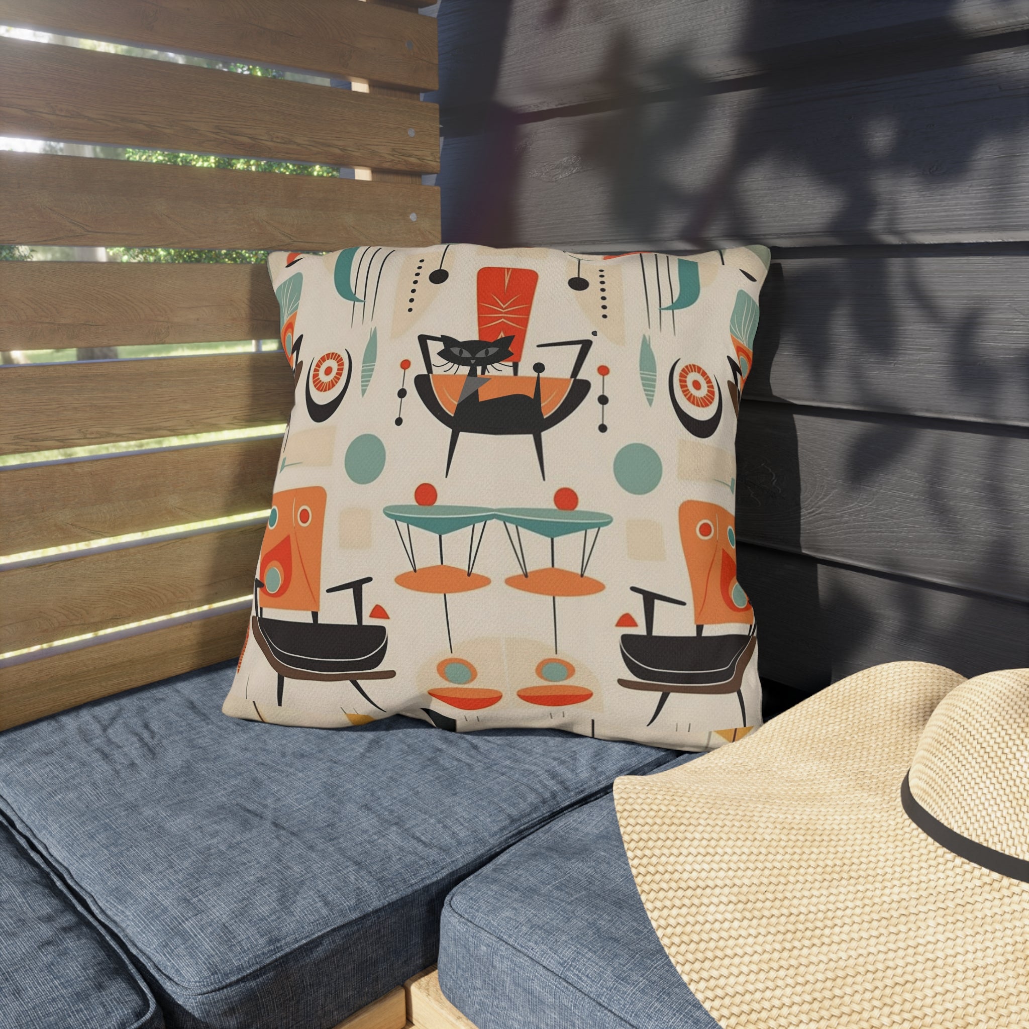 Mid Century Modern Atomic Cat, Mid Mod Party Outdoor Pillows - Mid Century Modern Gal