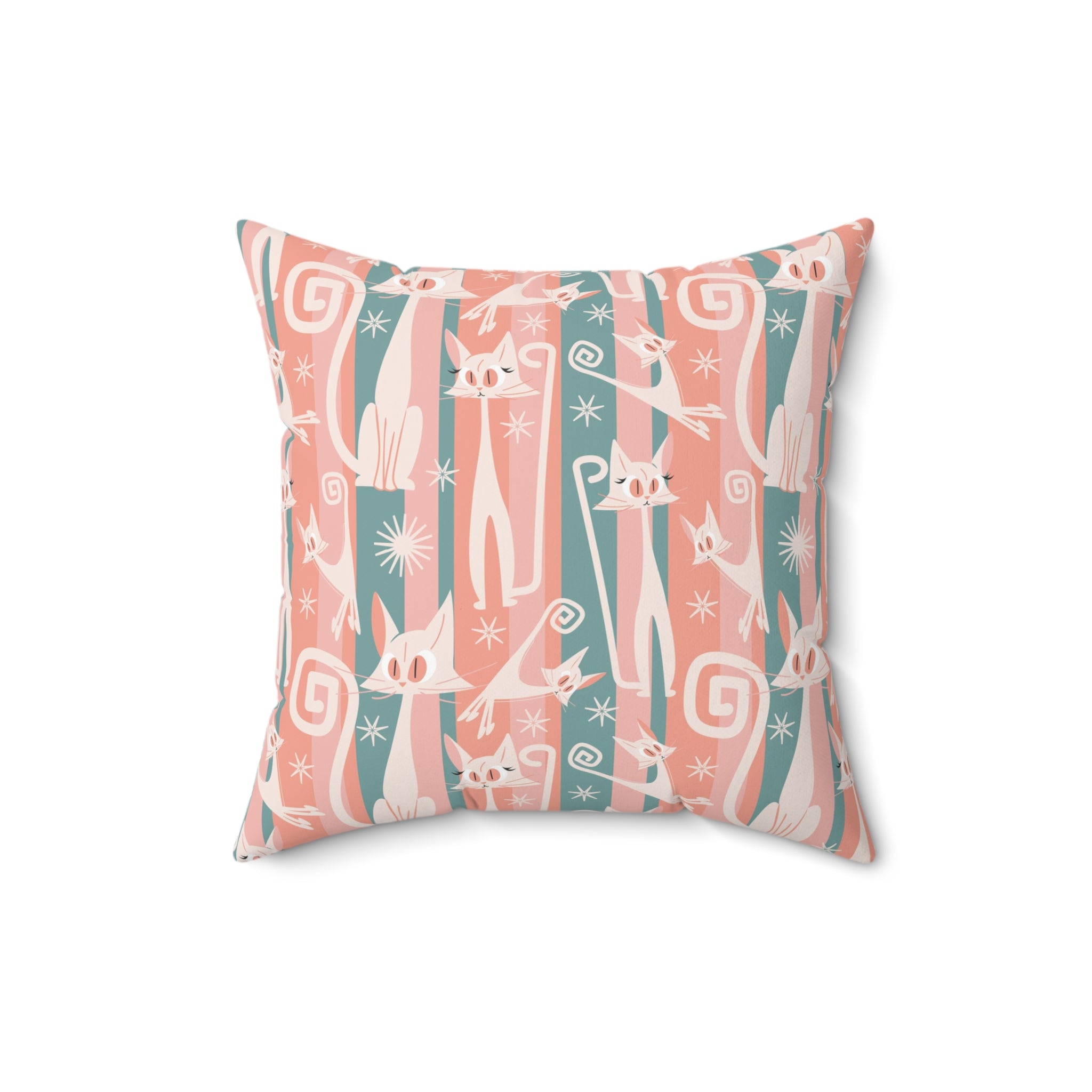 Atomic Cat Coral Pink And Aqua, Kitschy White Kitty Cat, Mid Century Modern Pillow And Insert - Mid Century Modern Gal
