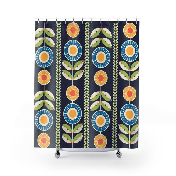 Scandinavian Floral Retro Blue Green, Bohemian Floral Shower Curtain – Colorful Botanical Design for Home Décor