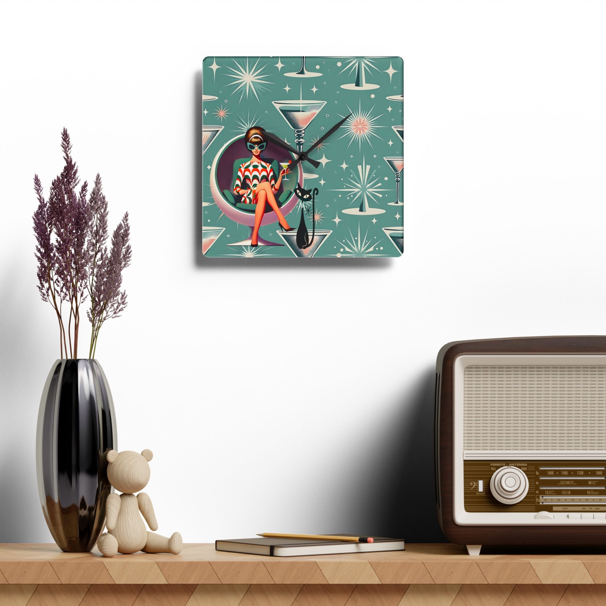 Retro 60s Gal, Martini Lover, Atomic Cat Glam Acrylic Wall Clock - Mid-Century Modern Design with Chic Cocktail Vibe - Mid Century Modern Gal