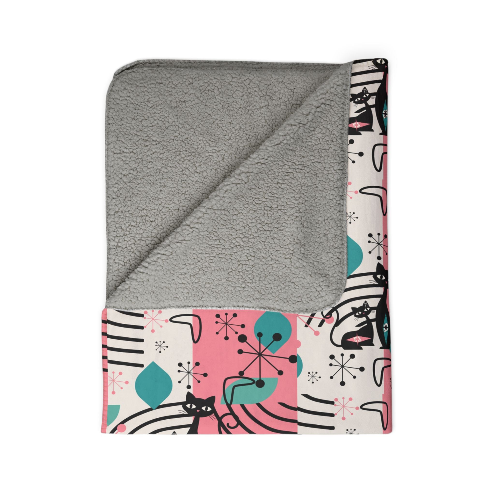 Mid-Century Modern Atomic Cat Pink Teal Retro Cat Fleece Sherpa Blanket - Cozy & Stylish - Mid Century Modern Gal