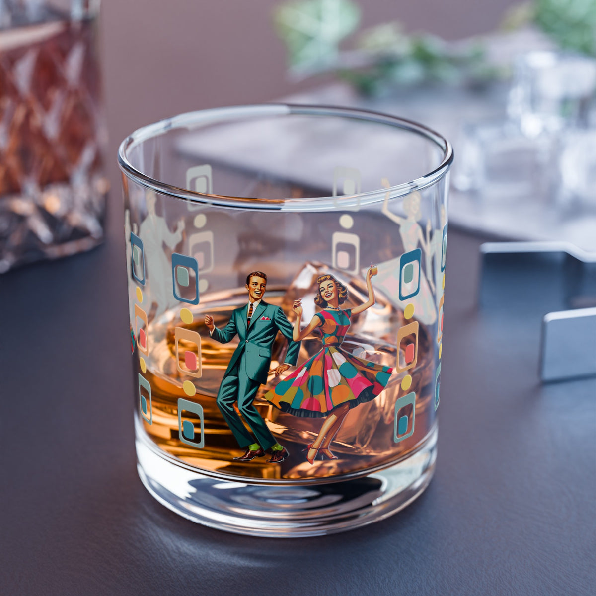 Mid Century Modern Couple, Kitschy Mod Barware Bourbon Rocks Glass, 10oz - Mid Century Modern Gal