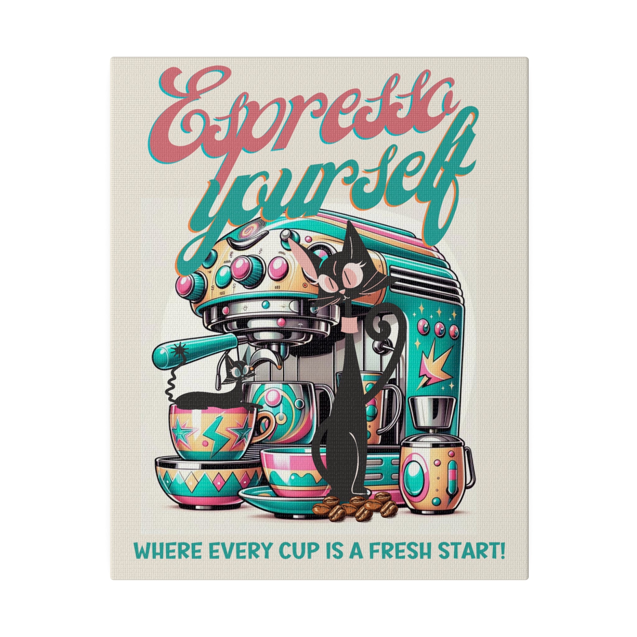 Atomic Cat Coffee Bar, Espresso Bar, Coffee Shop Kitchen Wall Art, Black Cat Lover Gifts, Cat Mom, Kitschy Cute Mid Century Modern Art - Mid Century Modern Gal