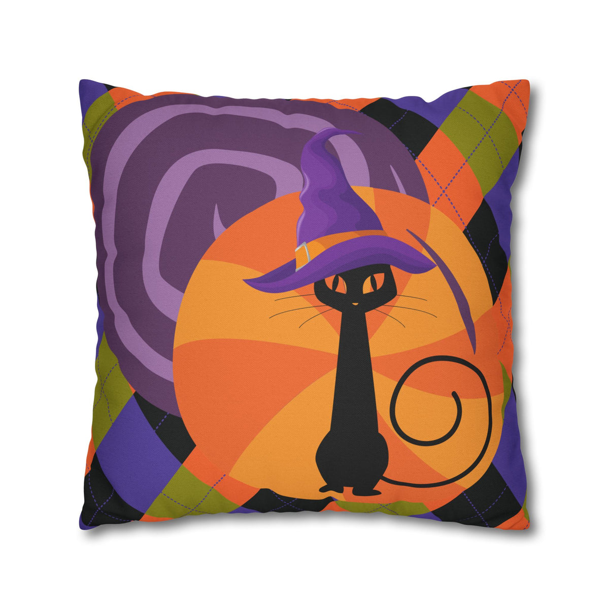Atomic Cat Harlequin Pattern Orange Purple Black, Kitschy Halloween Pillow Cover - Mid Century Modern Gal